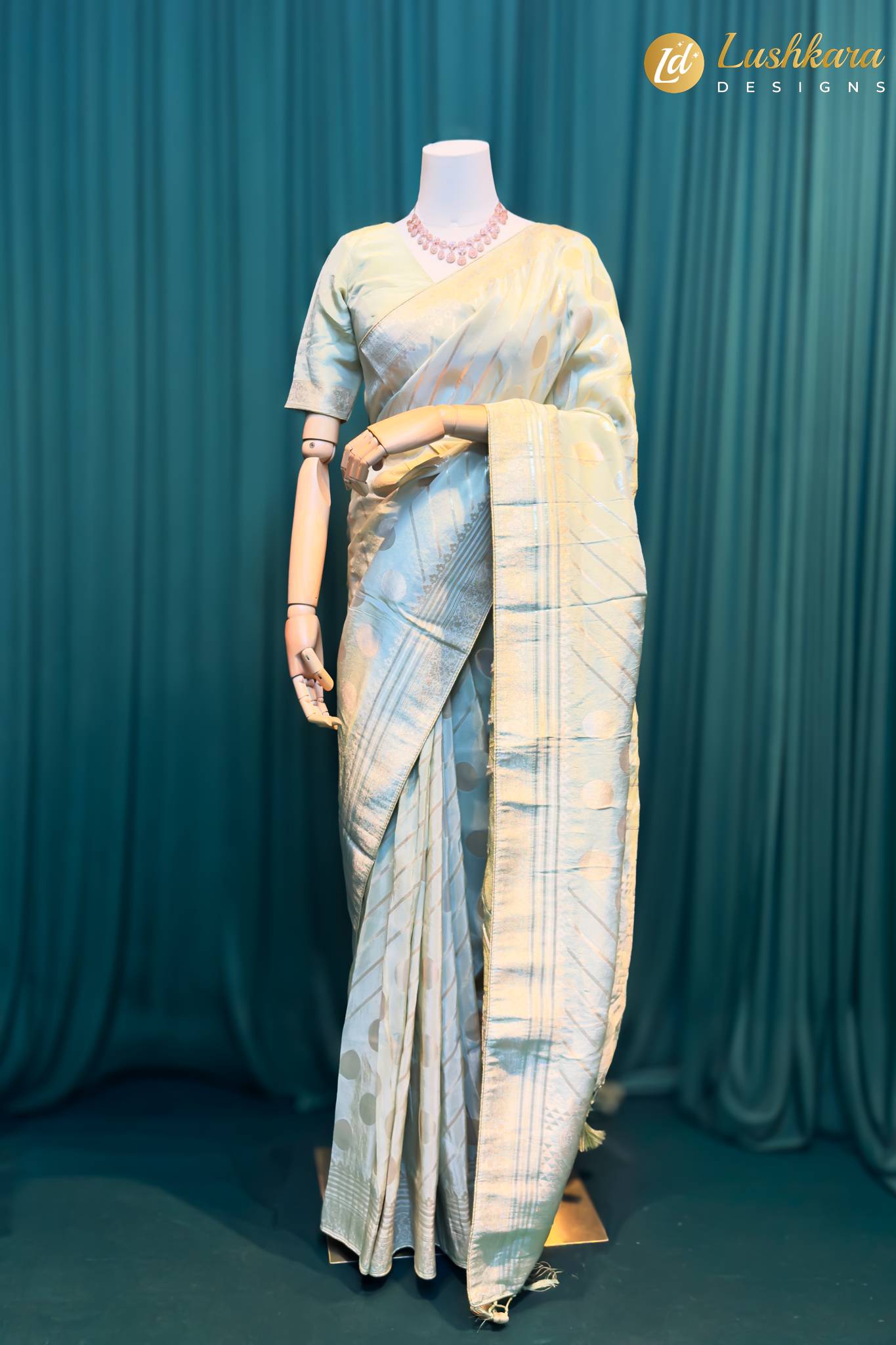 Lushkara Sky Blue Banarasi Silk Saree with Zari Polka Design