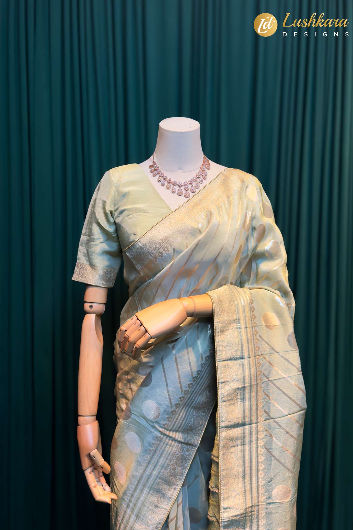 Lushkara Sky Blue Banarasi Silk Saree with Zari Polka Design