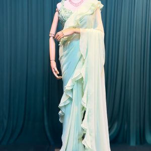 Lushkara Mint Green Ruffle Saree with Embellished Blouse