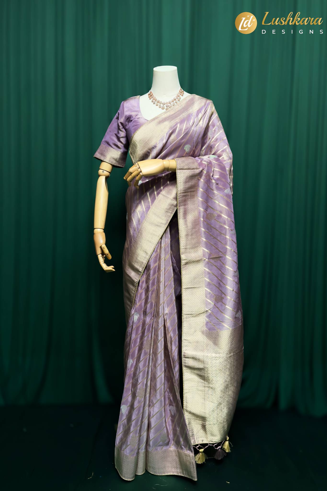 Lushkara Lavender Banarasi Silk Saree with Golden Zari Border