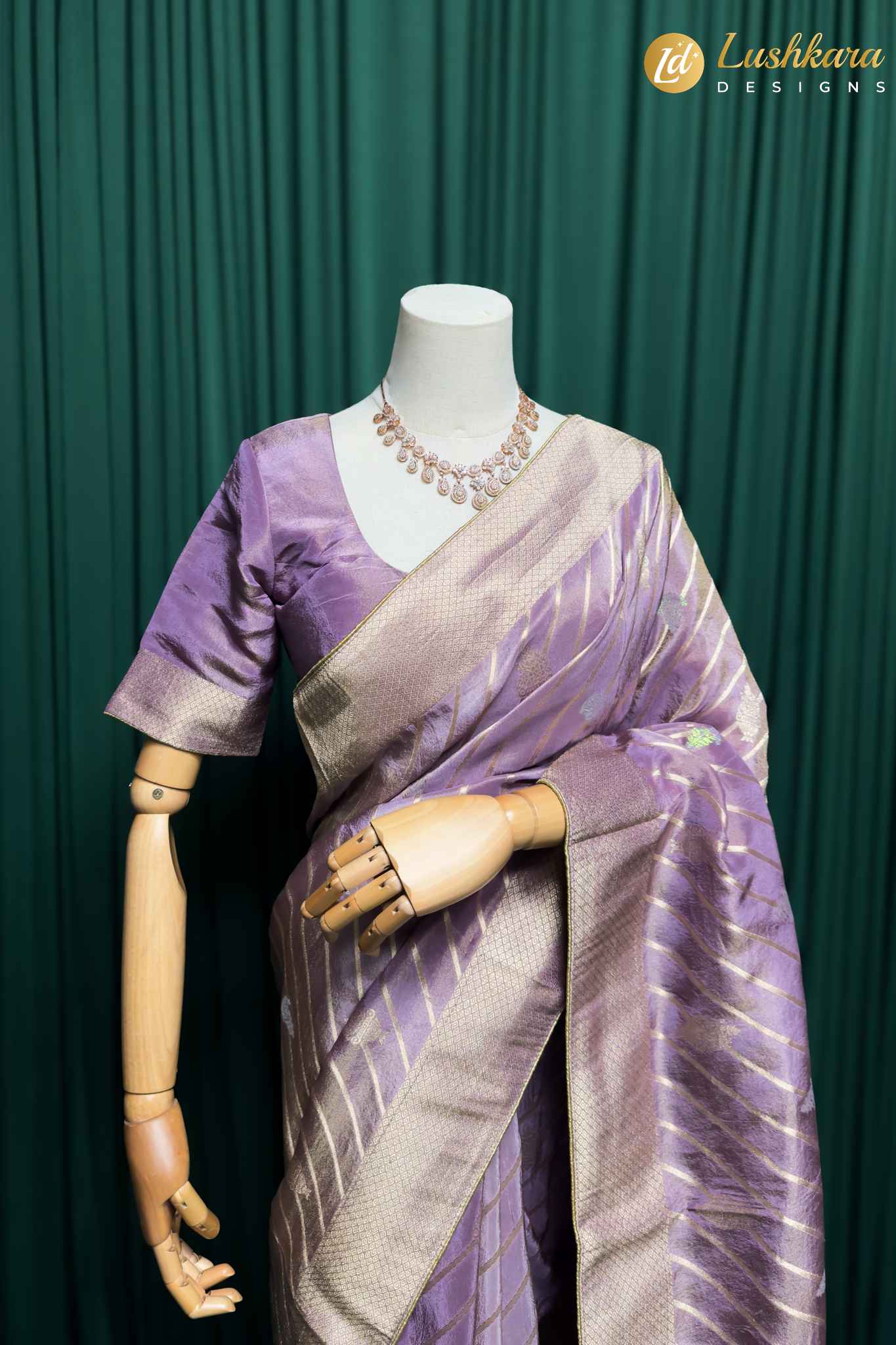 Lushkara Lavender Banarasi Silk Saree with Golden Zari Border