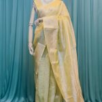 Lushkara Light Olive Banarasi Tissue Saree with Golden Zari Border