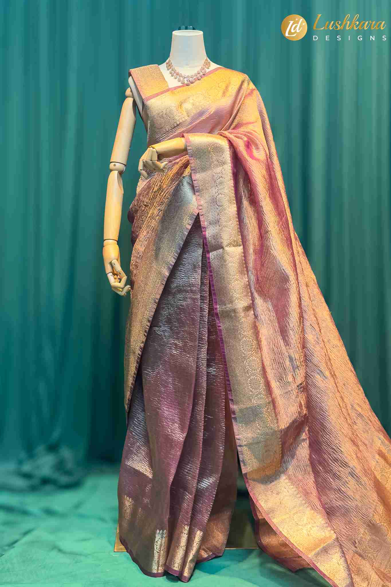 Lushkara Rose Pink textured Silk Saree with Golden Zari Border
