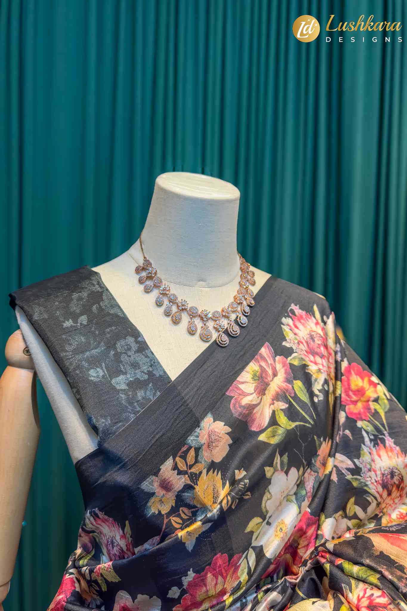 Lushkara Black Floral Silk Saree with Colorful Bloom Print - Image 2