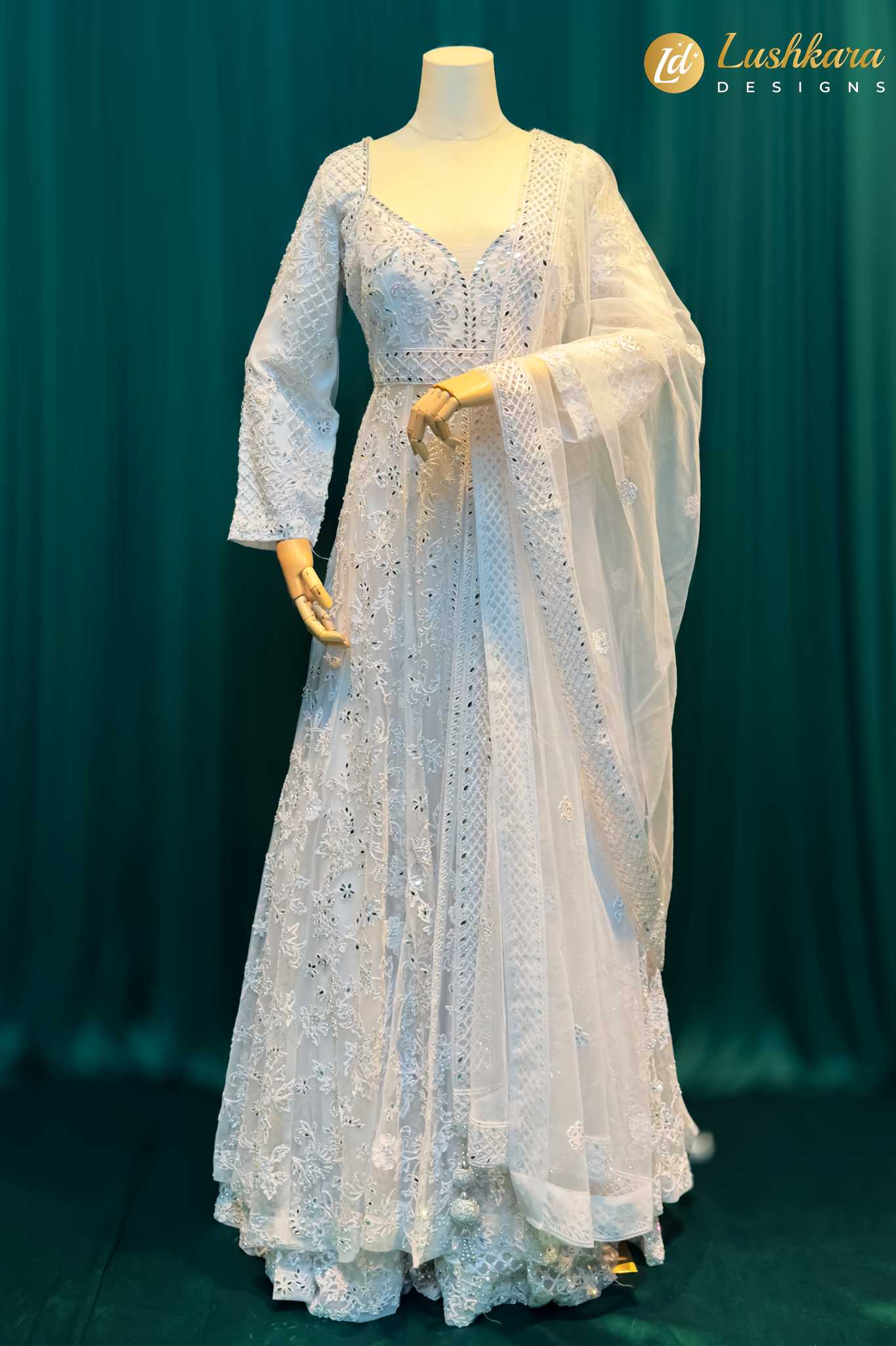 Lushkara White Embroidered Anarkali Lehenga with Dupatta