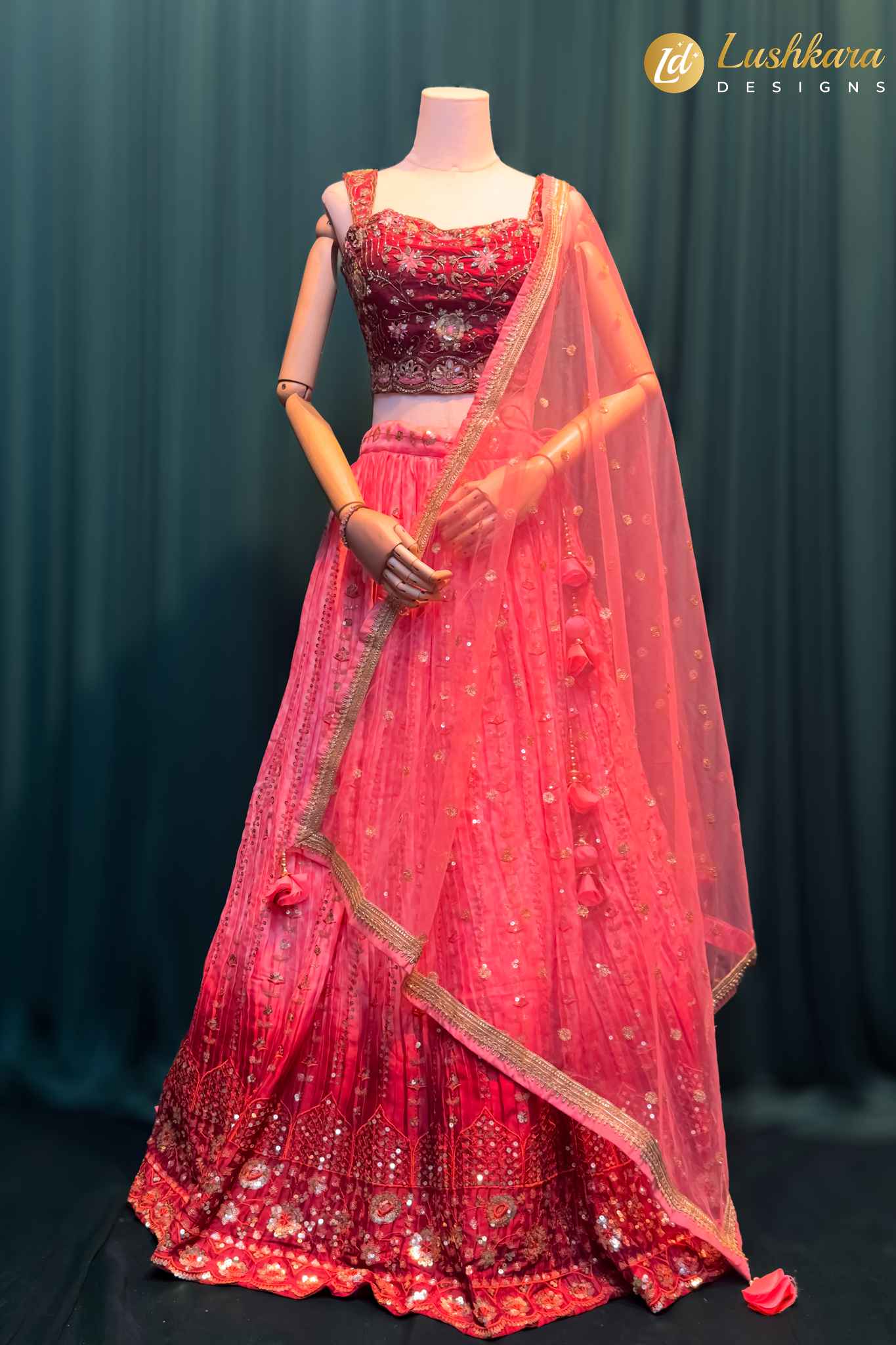 Lushkara Pink Embroidered Lehenga with Maroon Blouse and Net Dupatta
