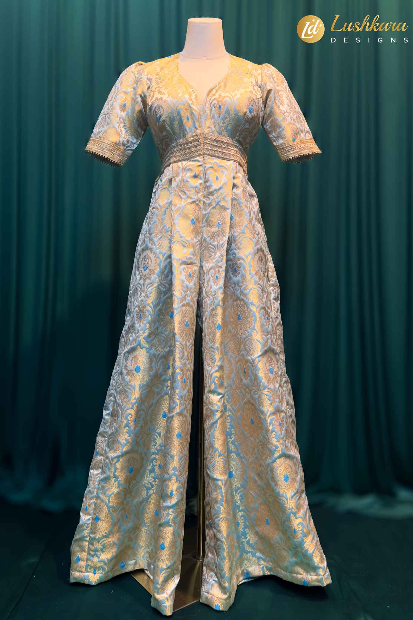 Lushkara Gold & Blue Brocade Jumpsuit