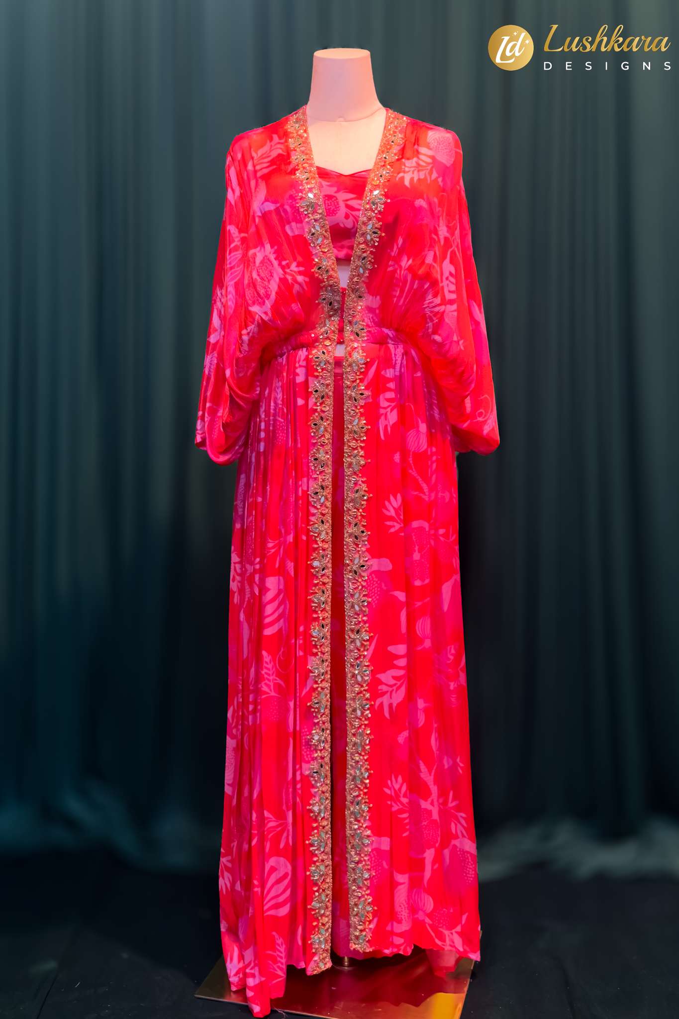Lushkara Red Floral Fusion Wear with Embellished Border