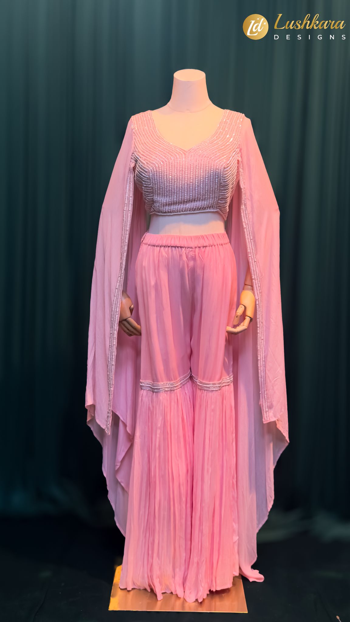 Lushkara Baby Pink Draped Coord Set with Sequin Blouse