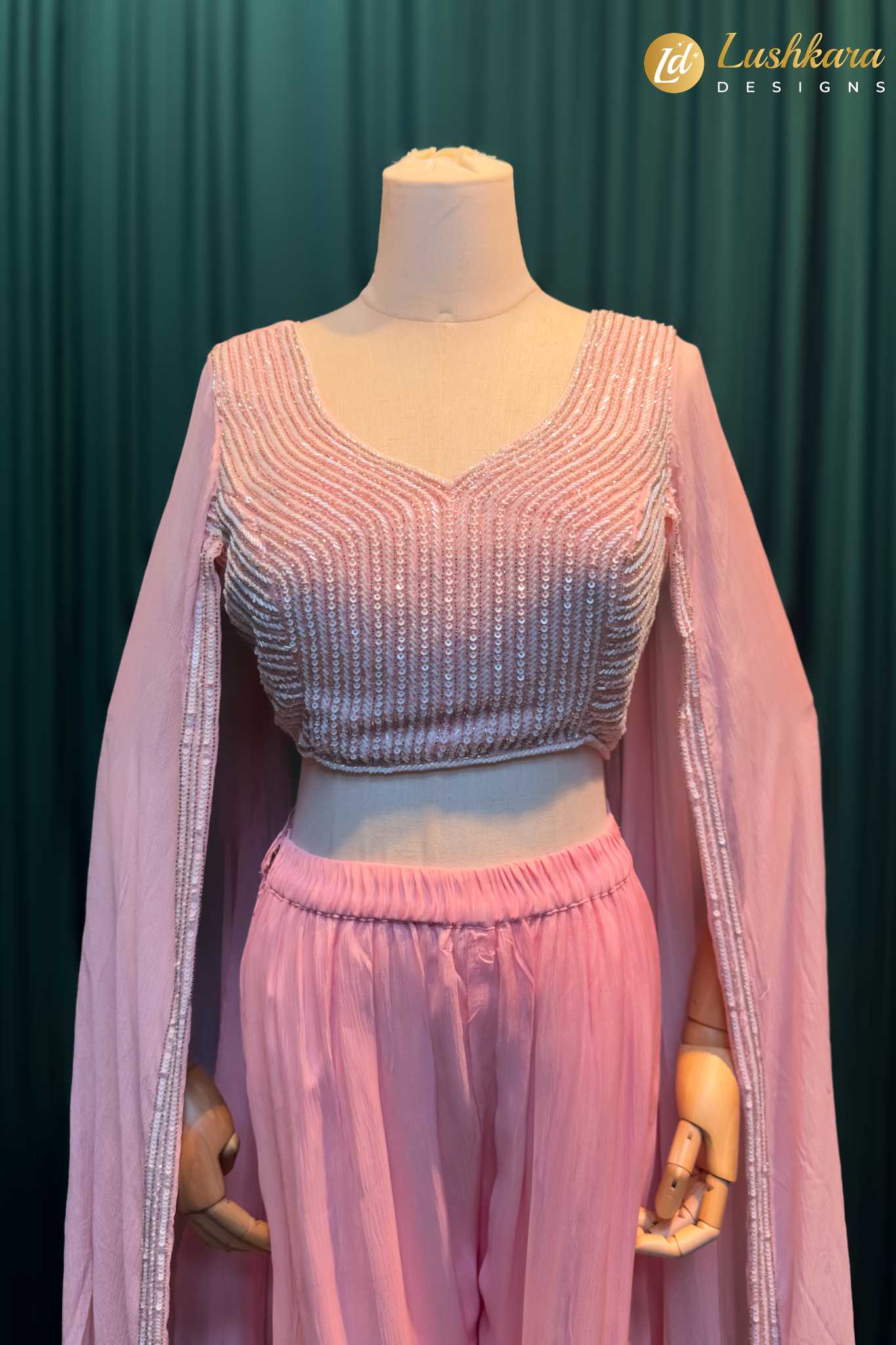 Lushkara Baby Pink Draped Coord Set with Sequin Blouse