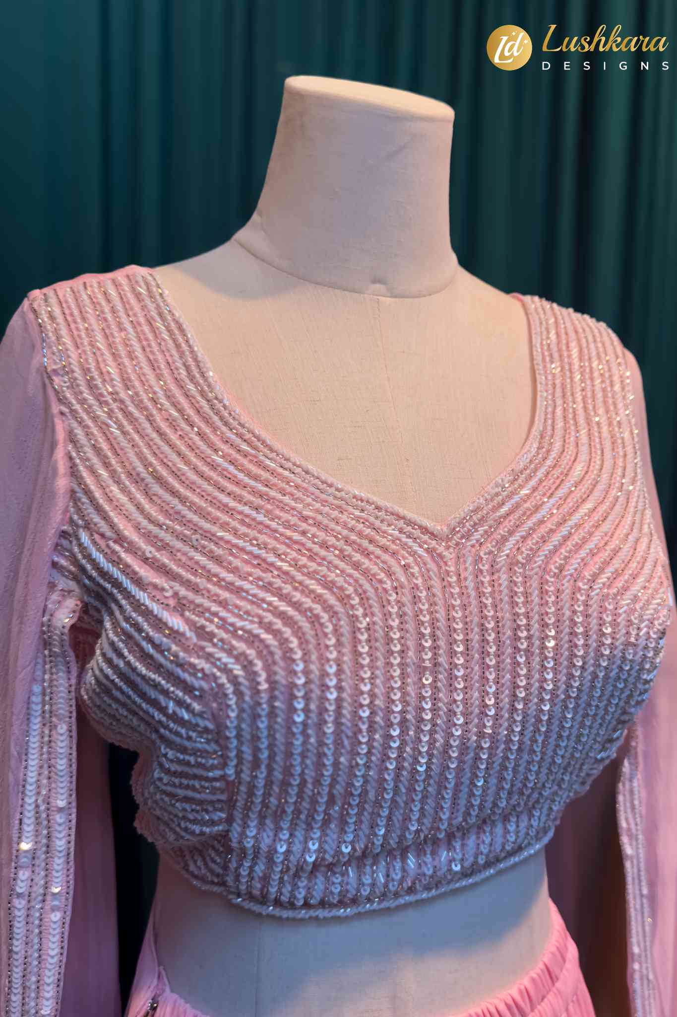 Lushkara Baby Pink Draped Coord Set with Sequin Blouse