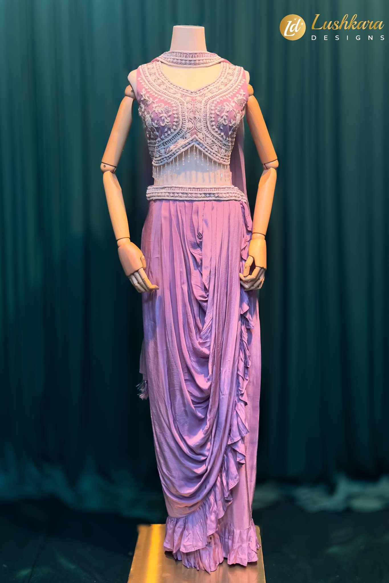 Lushkara Lavender Draped Saree with Embroidered Blouse