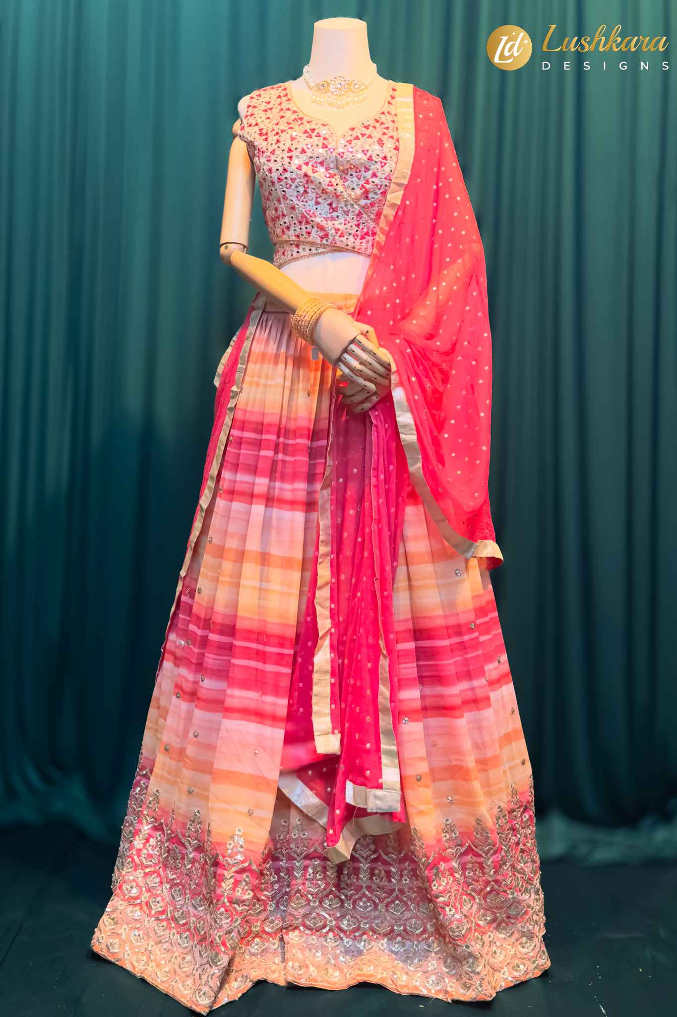 Lushkara Pink Mirror Work Lehenga & Organza Dupatta