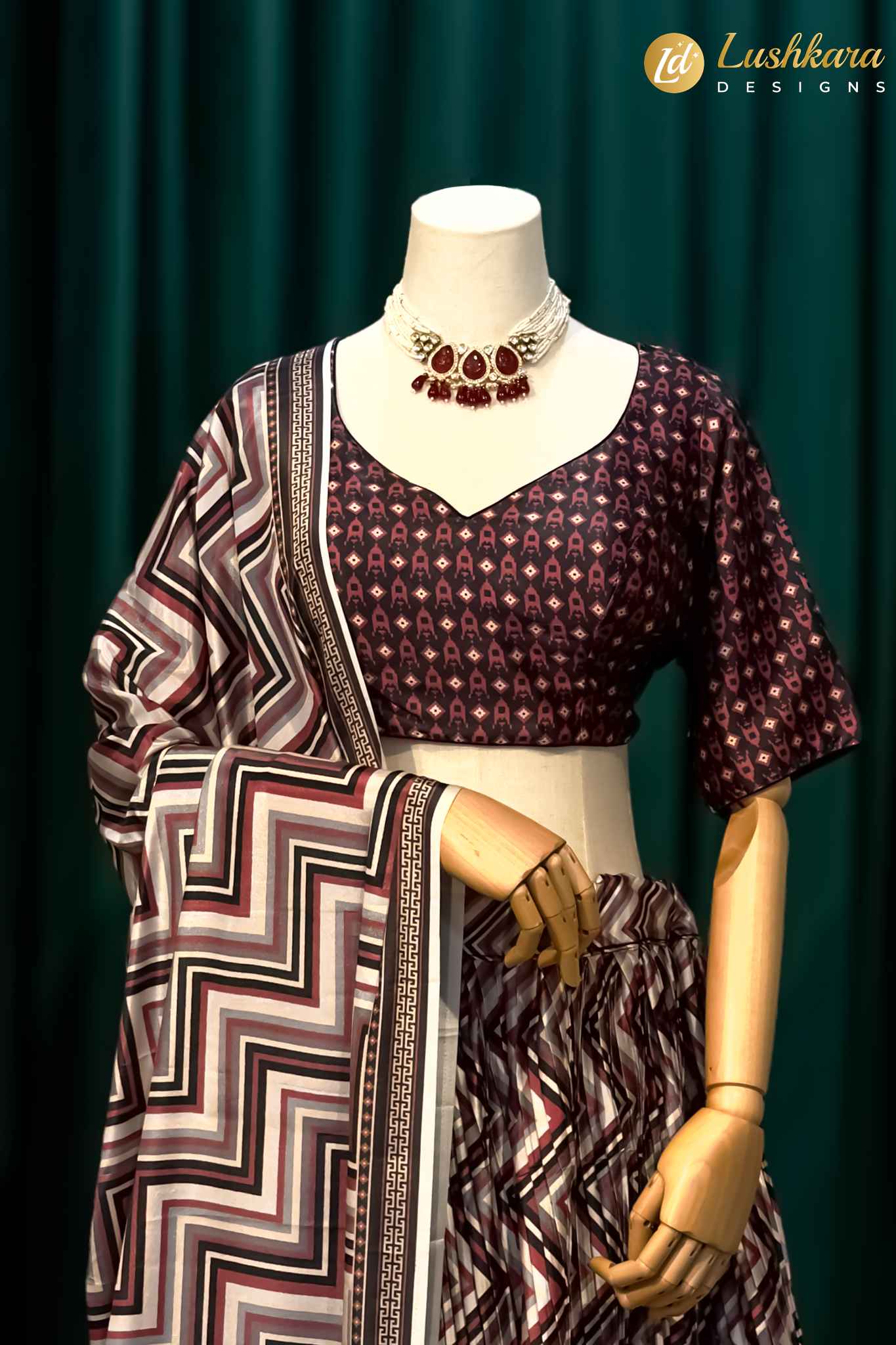 Lushkara Navy Blue & Teal Printed Georgette Lehenga Set