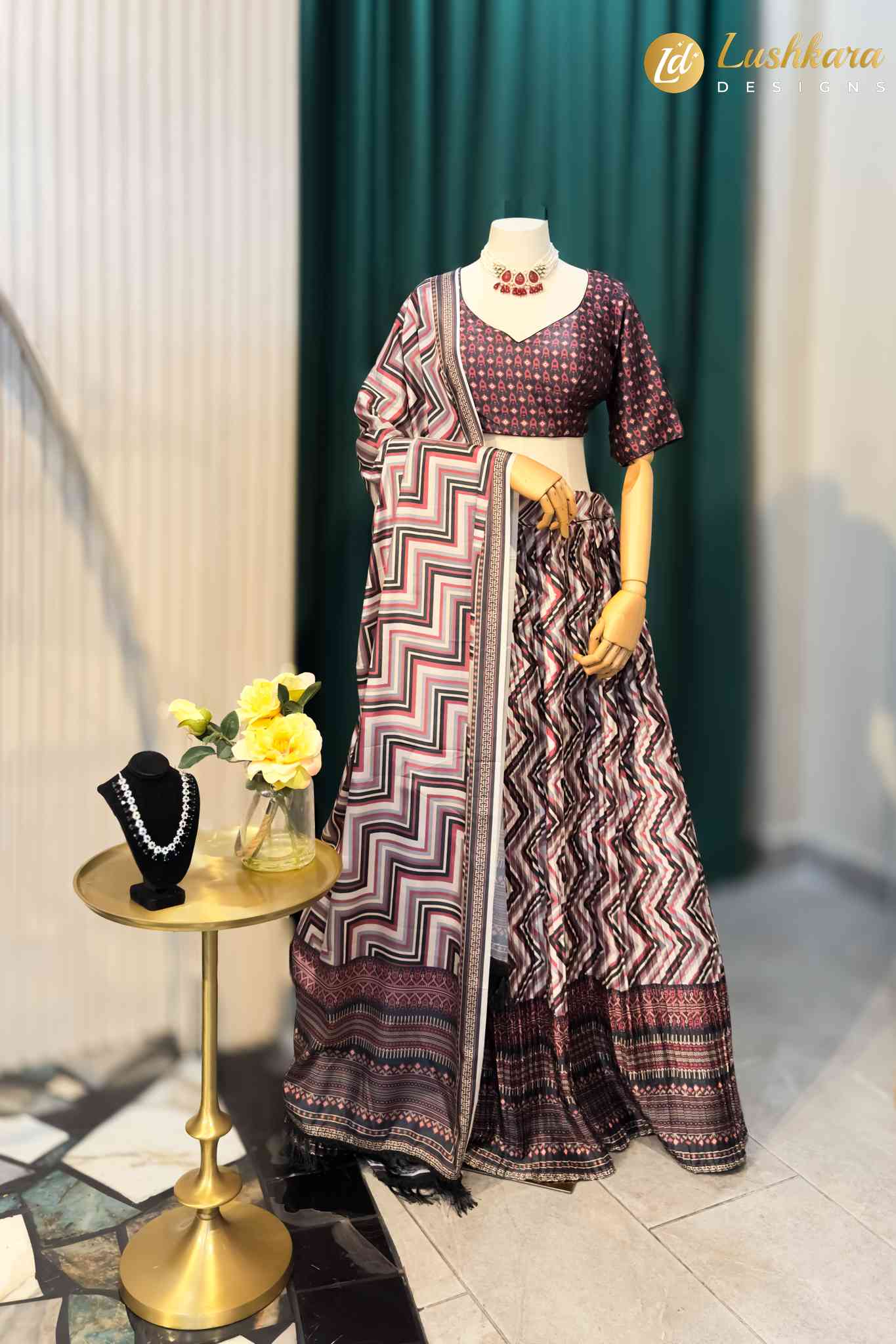 Lushkara Navy Blue & Teal Printed Georgette Lehenga Set