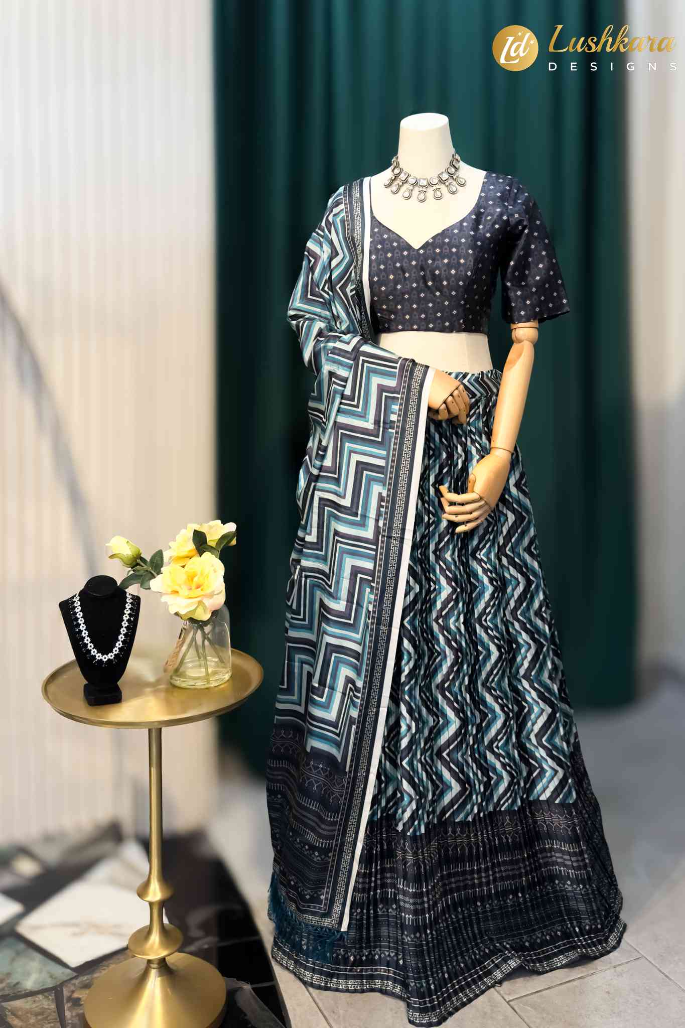 Lushkara Navy Blue & Teal Printed Georgette Lehenga Set
