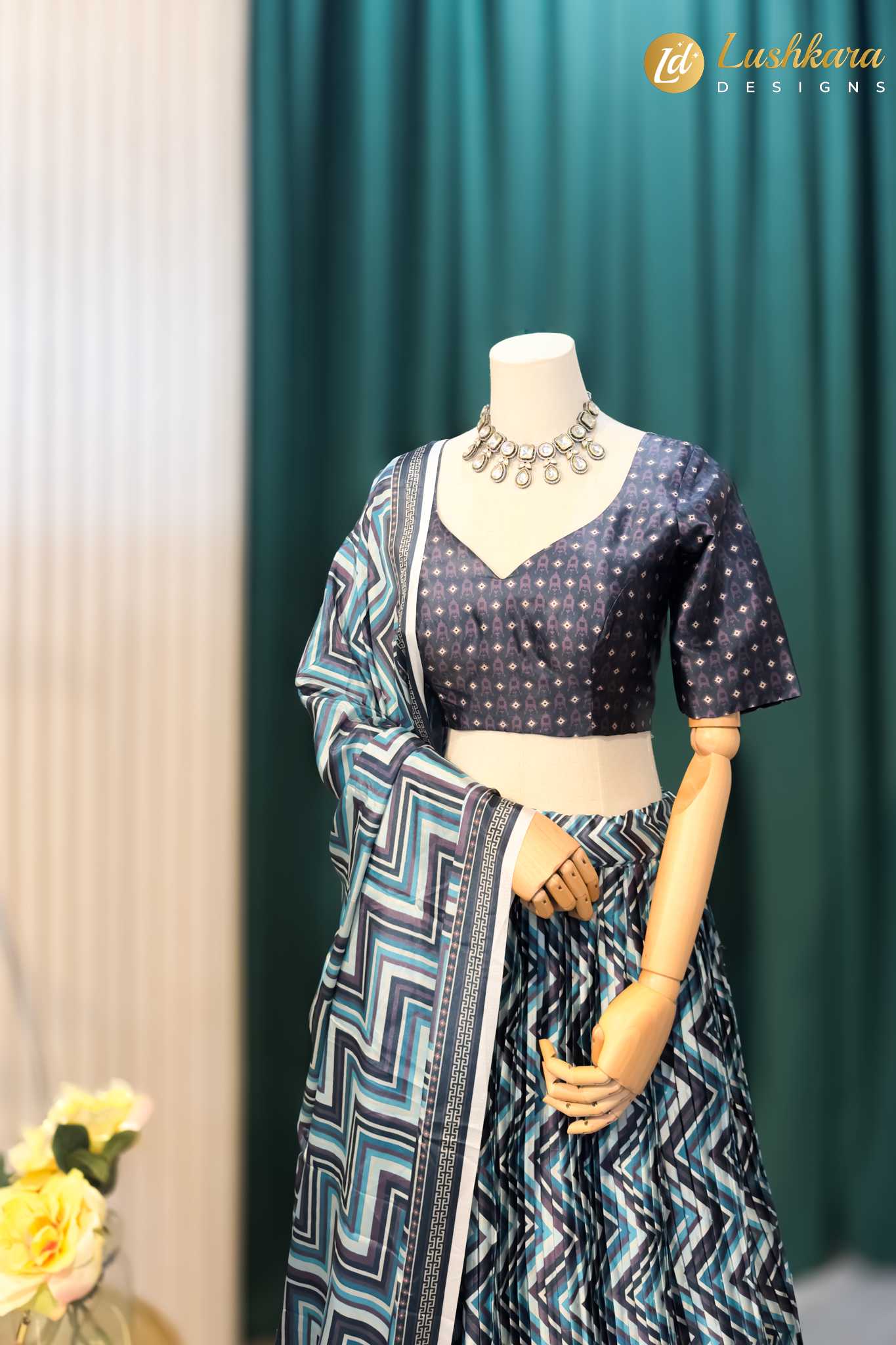 Lushkara Navy Blue & Teal Printed Georgette Lehenga Set