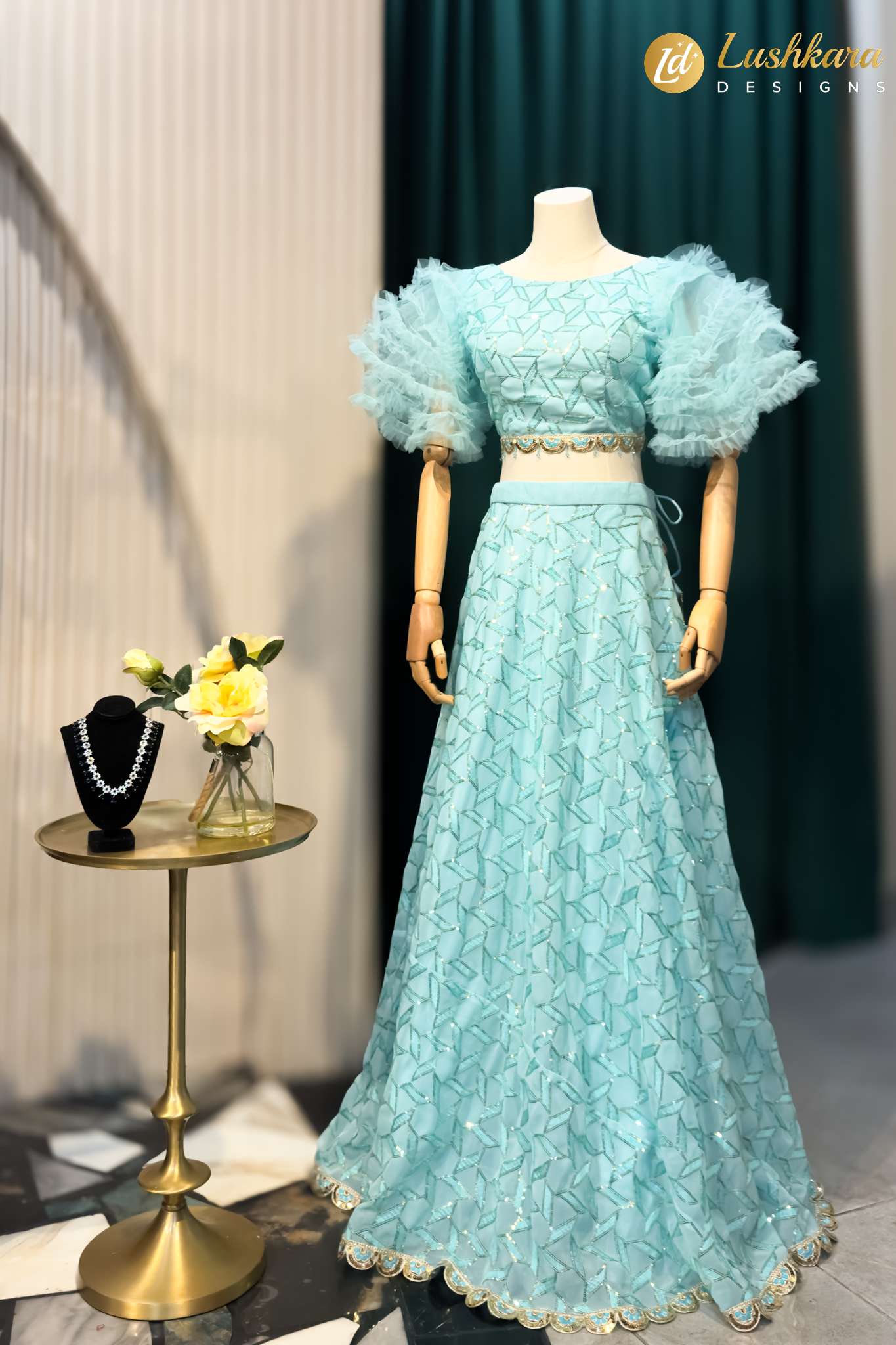 Lushkara Aqua Blue Ruffle Sleeve Embroidered Lehenga Set