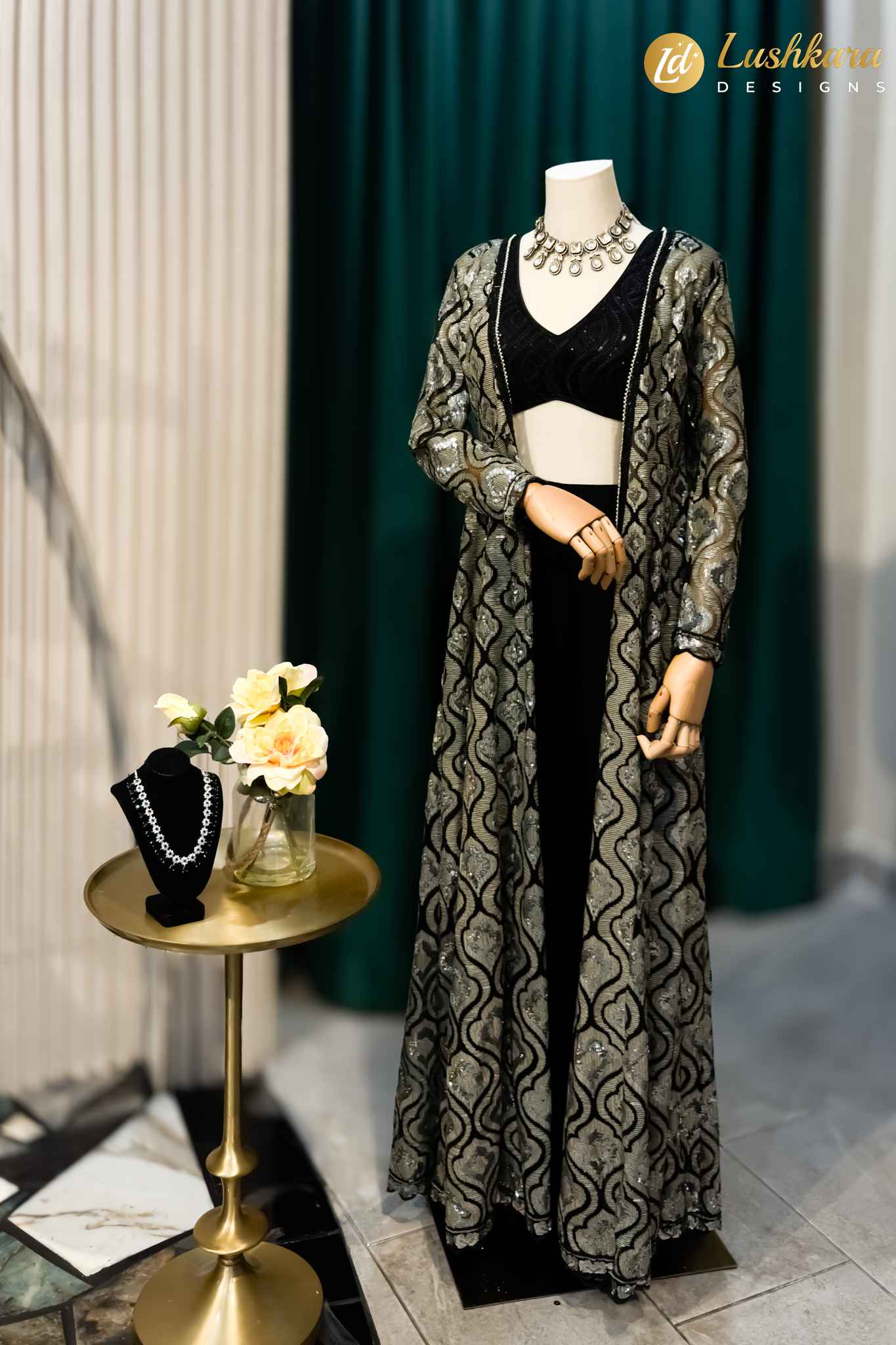 Lushkara Black Embroidered Long Jacket Co-Ord Set