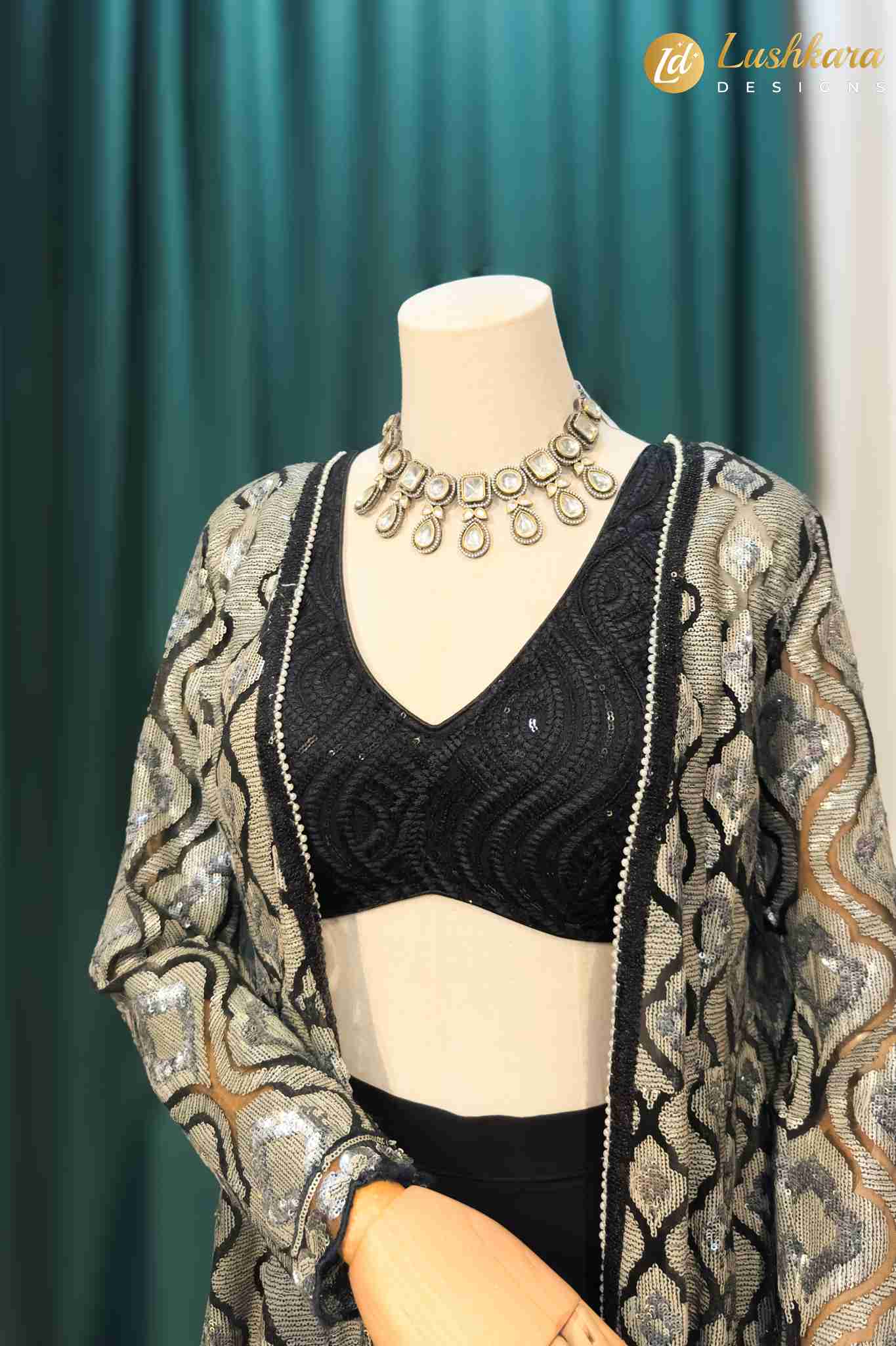 Lushkara Black Embroidered Long Jacket Co-Ord Set