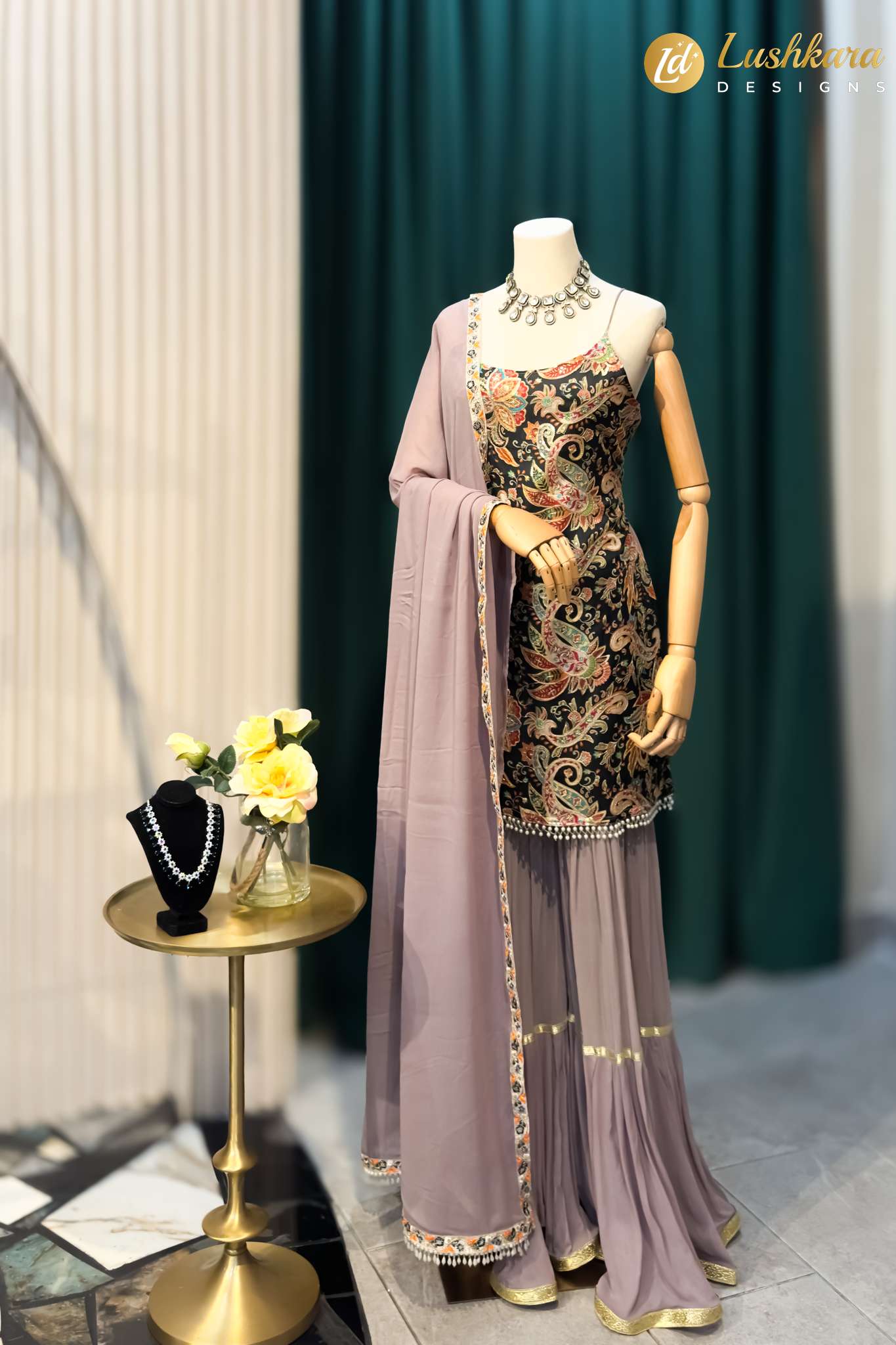 Lushkara Mauve Sharara with Black Multicolor Kurti