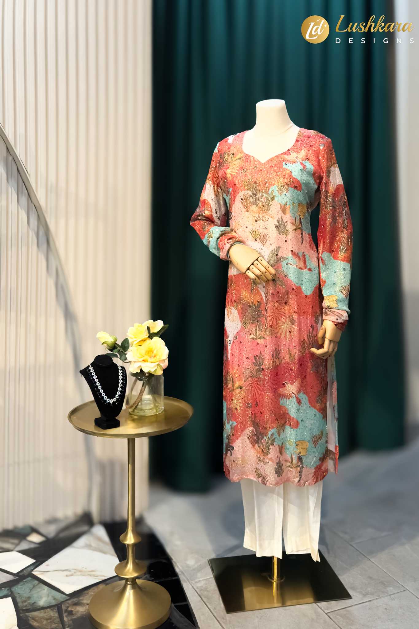 Lushkara Multi-Color Printed Kurti with White Pants