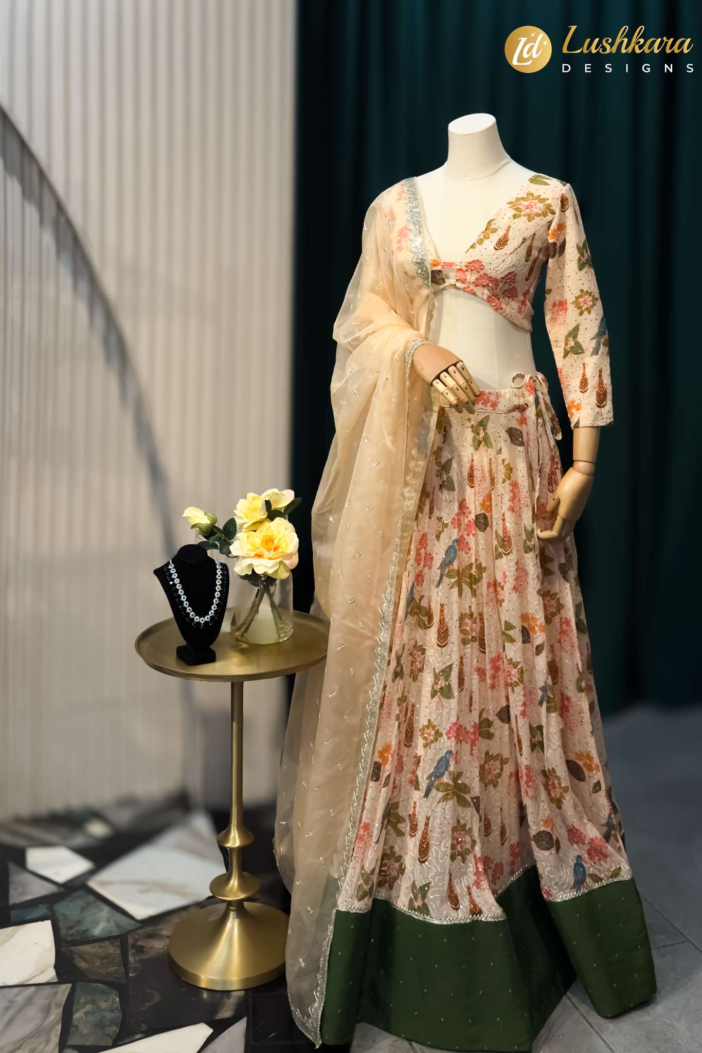 Lushkara Floral Printed Lehenga Set with Net Dupatta