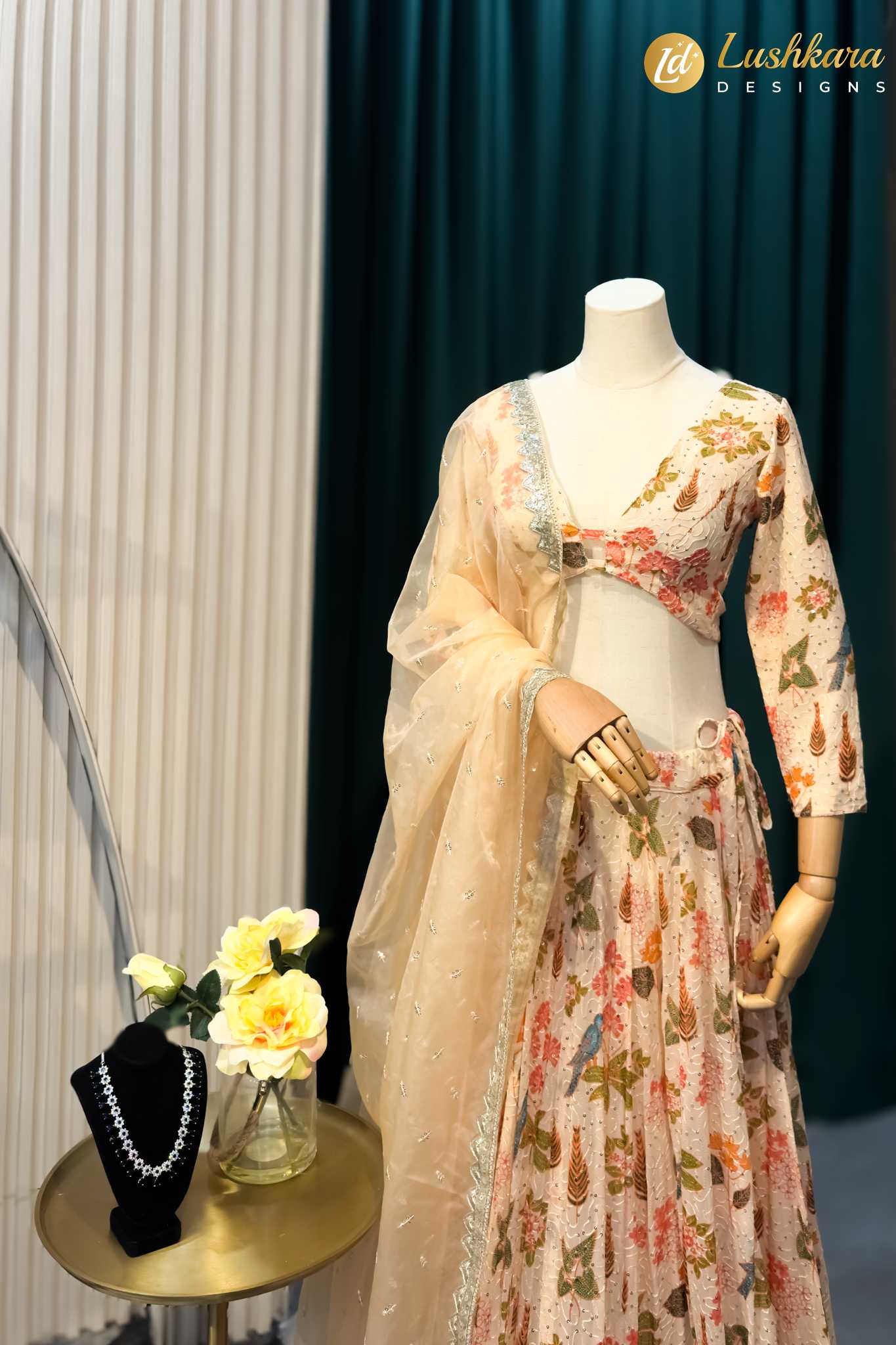 Lushkara Floral Printed Lehenga Set with Net Dupatta