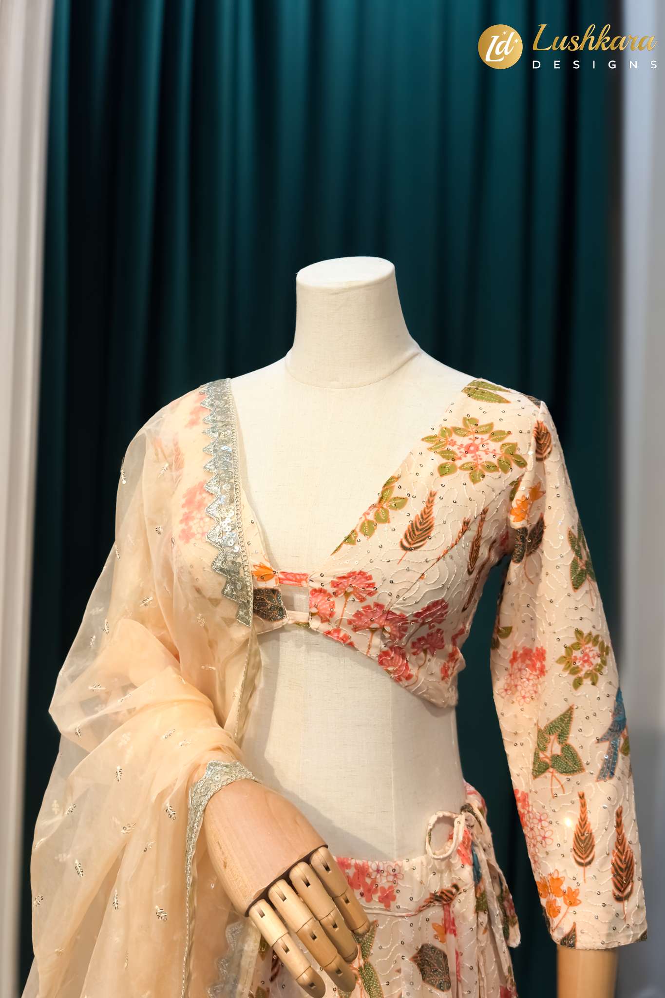 Lushkara Floral Printed Lehenga Set with Net Dupatta