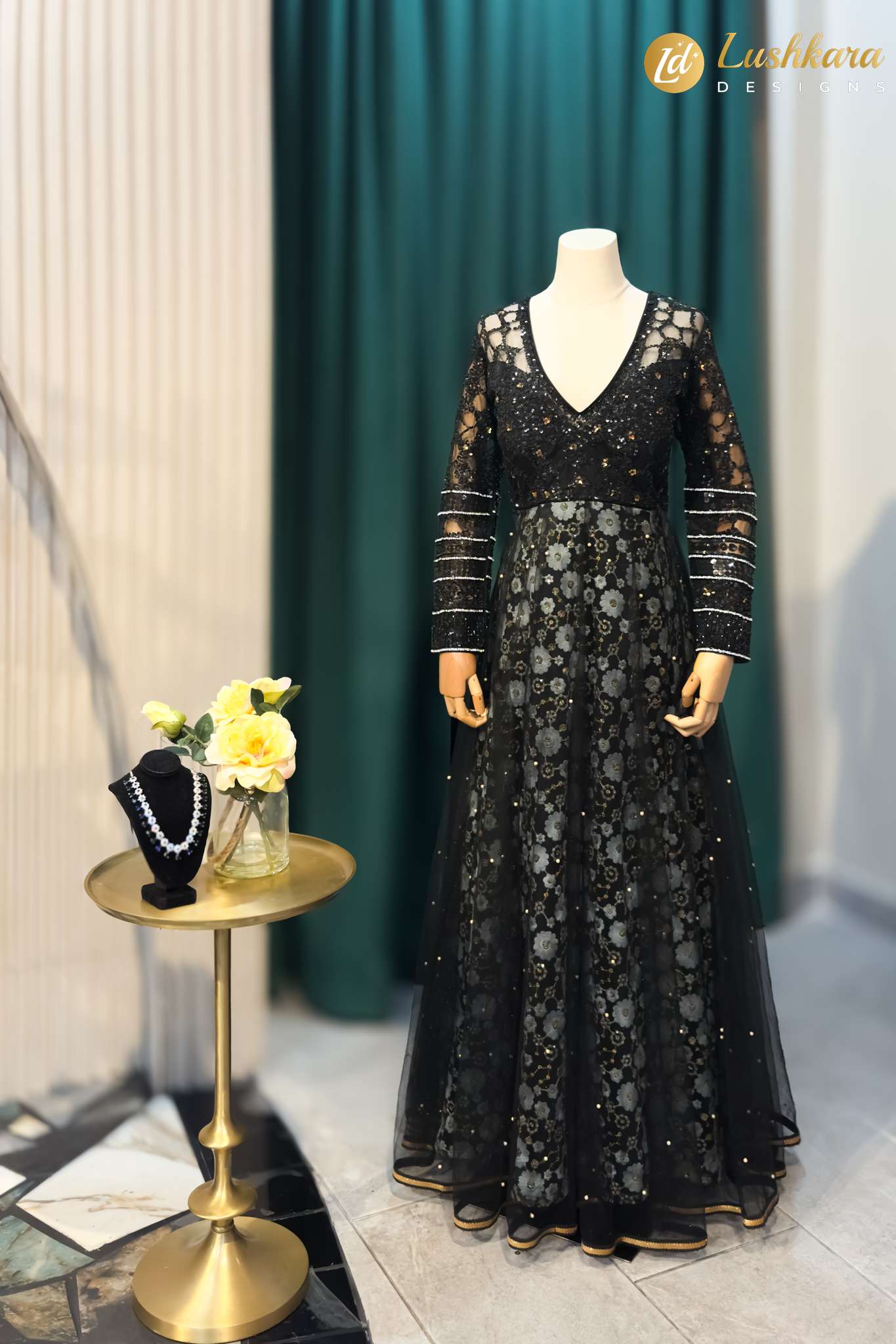 Lushkara Black Sequined Net Gown with Full Sleeves