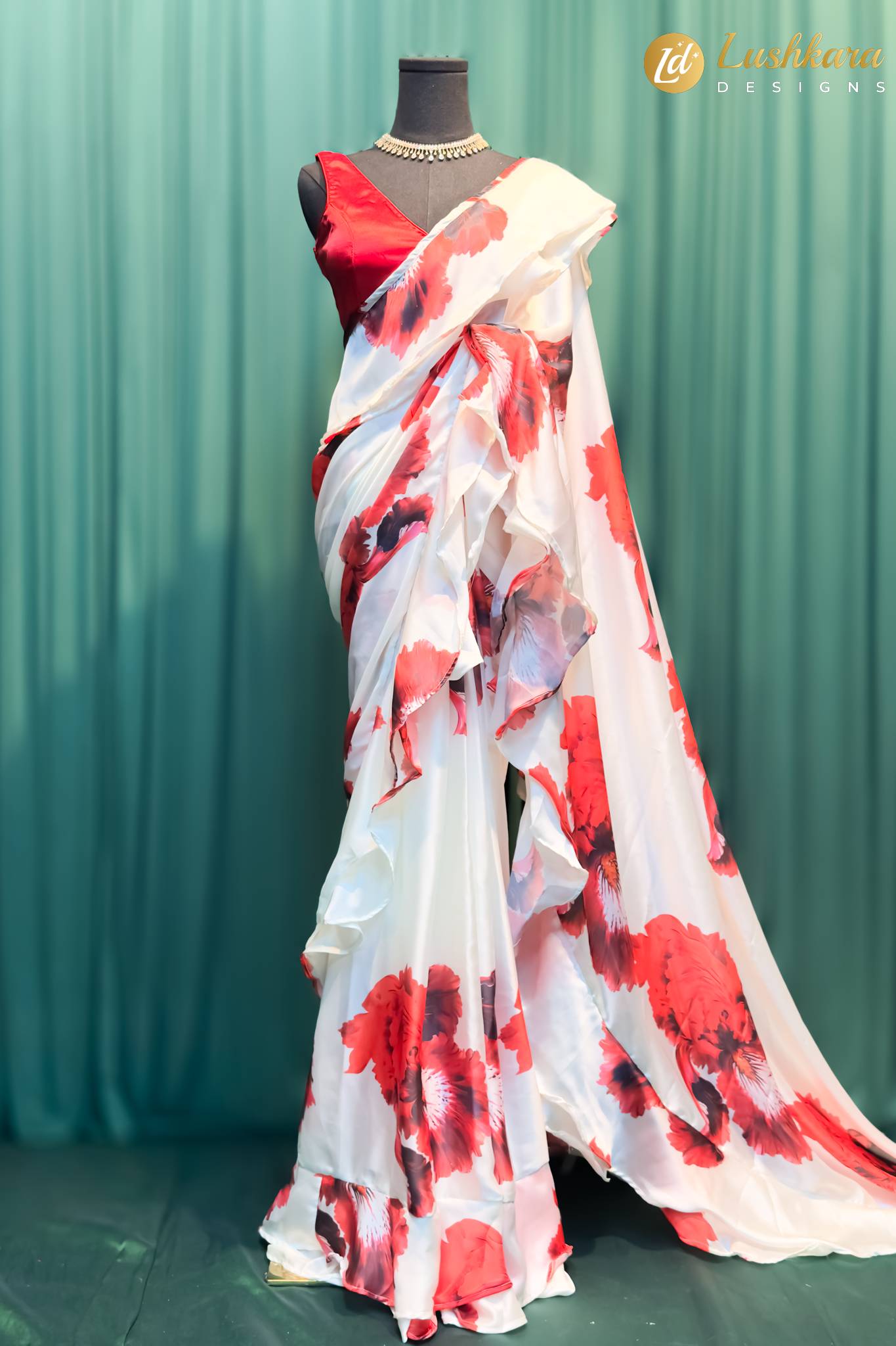 Lushkara White & Red Floral Ruffle Saree with Satin Blouse