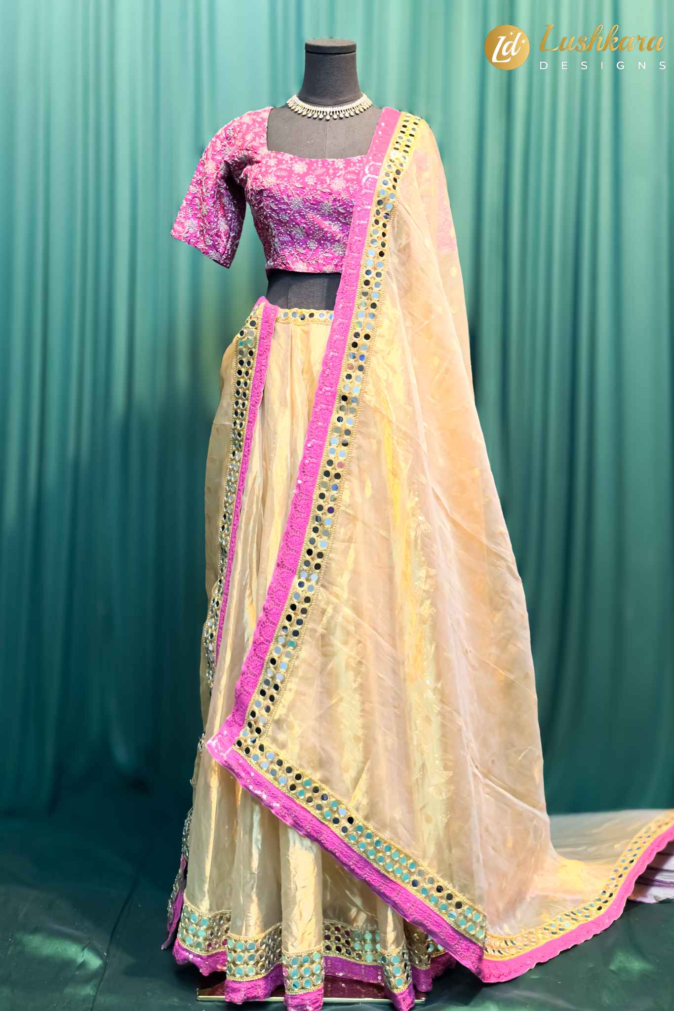 Lushkara Pink Mirror Work Lehenga with Sequin Blouse