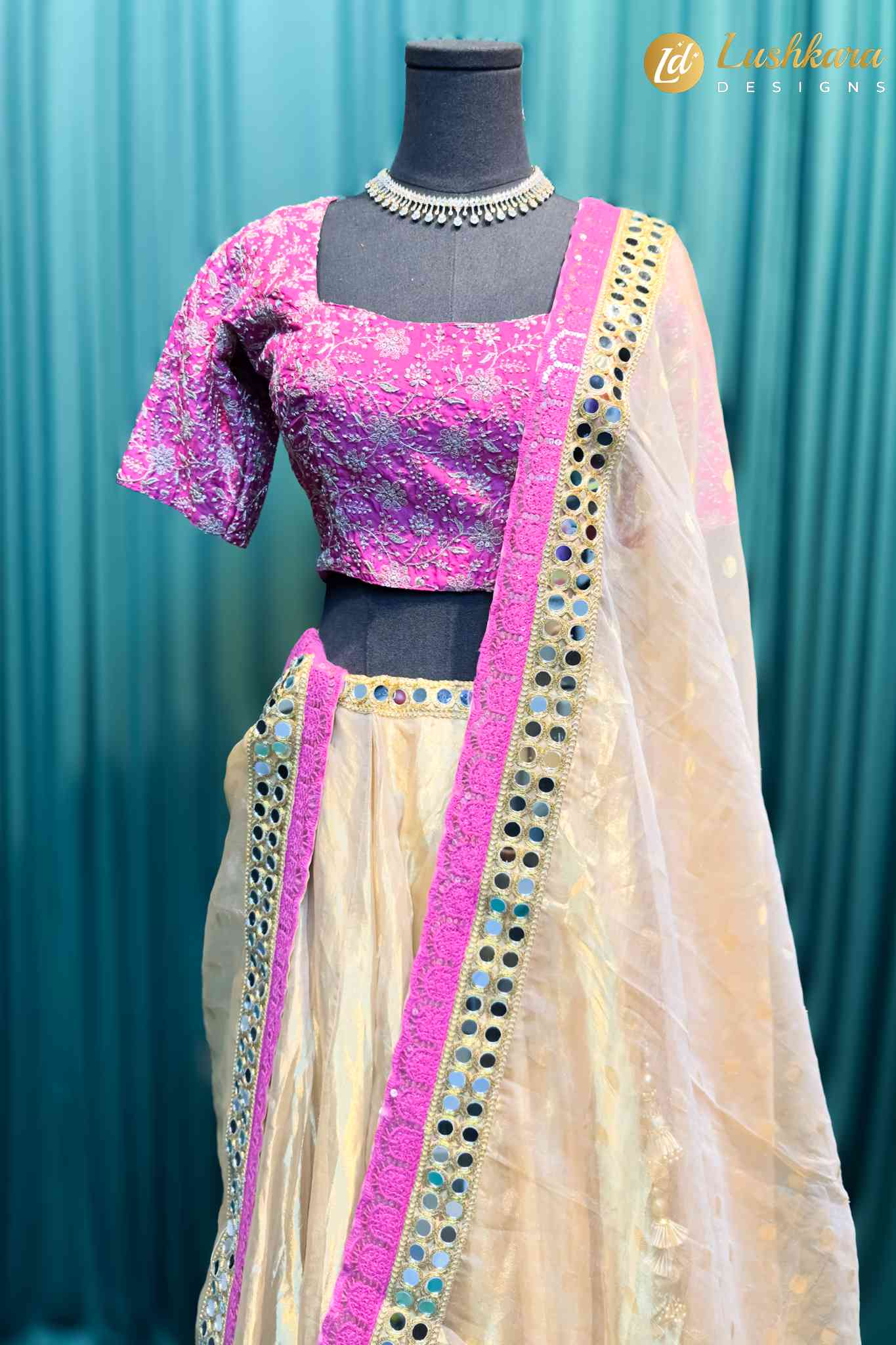Lushkara Pink Mirror Work Lehenga with Sequin Blouse