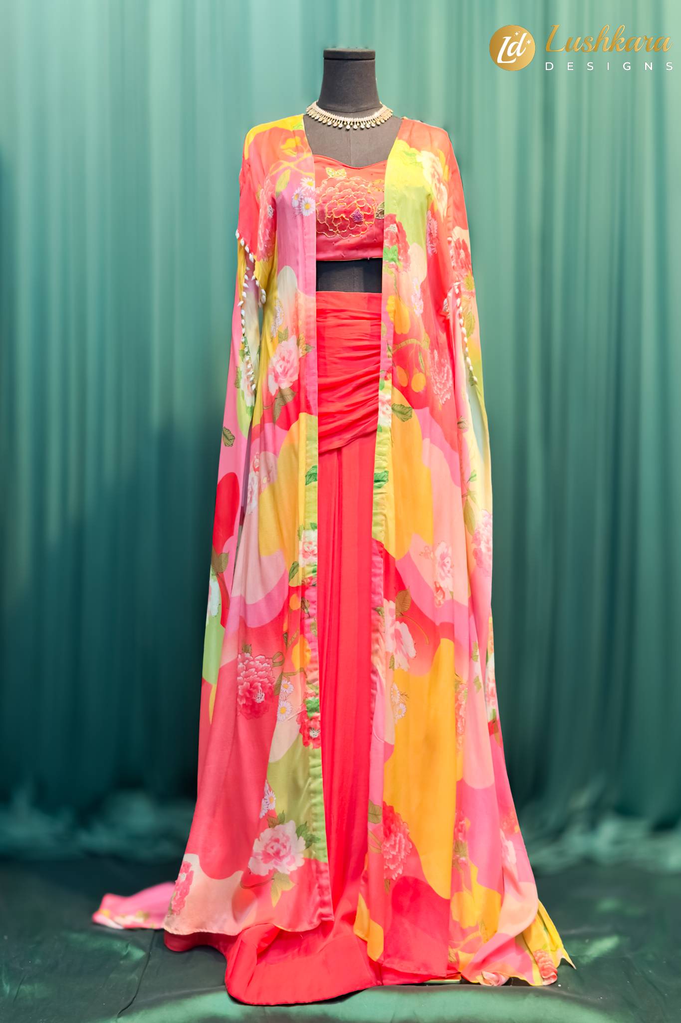 Lushkara Floral Cape And Drape Skirt Set