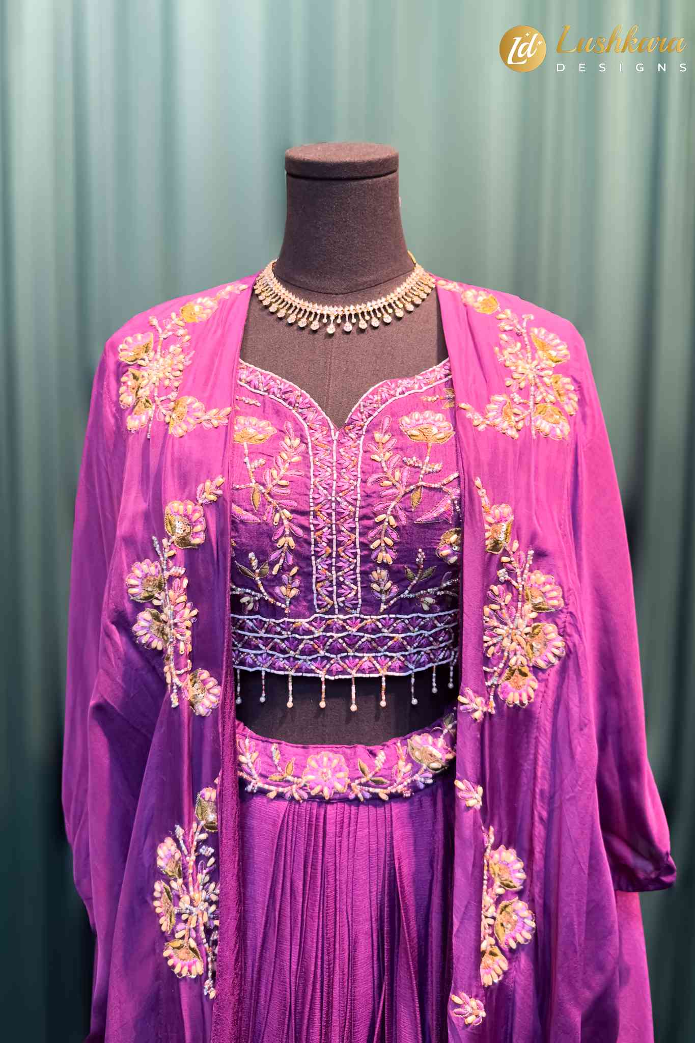 Lushkara Purple Embroidered Cape & Drape Skirt Set