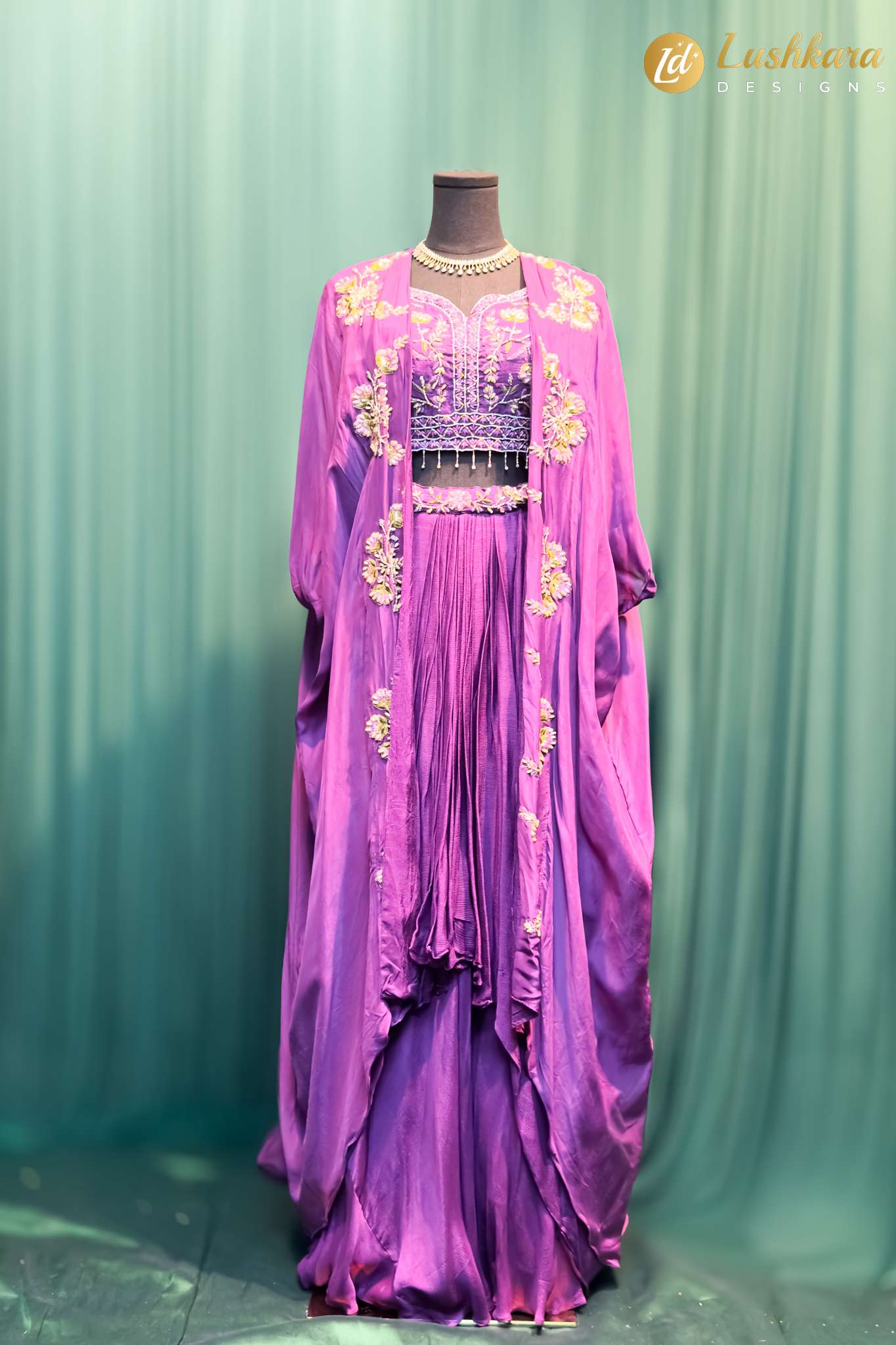 Lushkara Purple Embroidered Cape & Drape Skirt Set