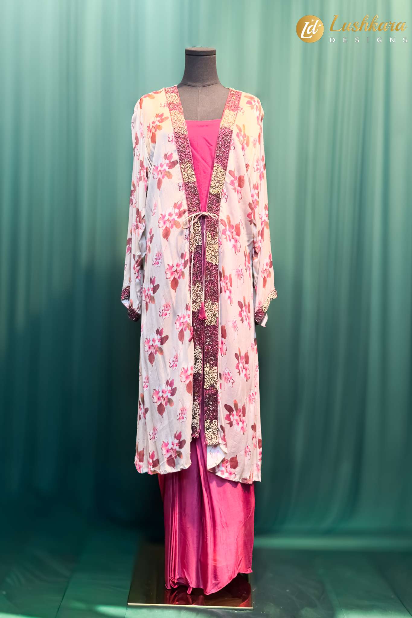 Lushkara Pink Floral Cape & Drape Skirt Set