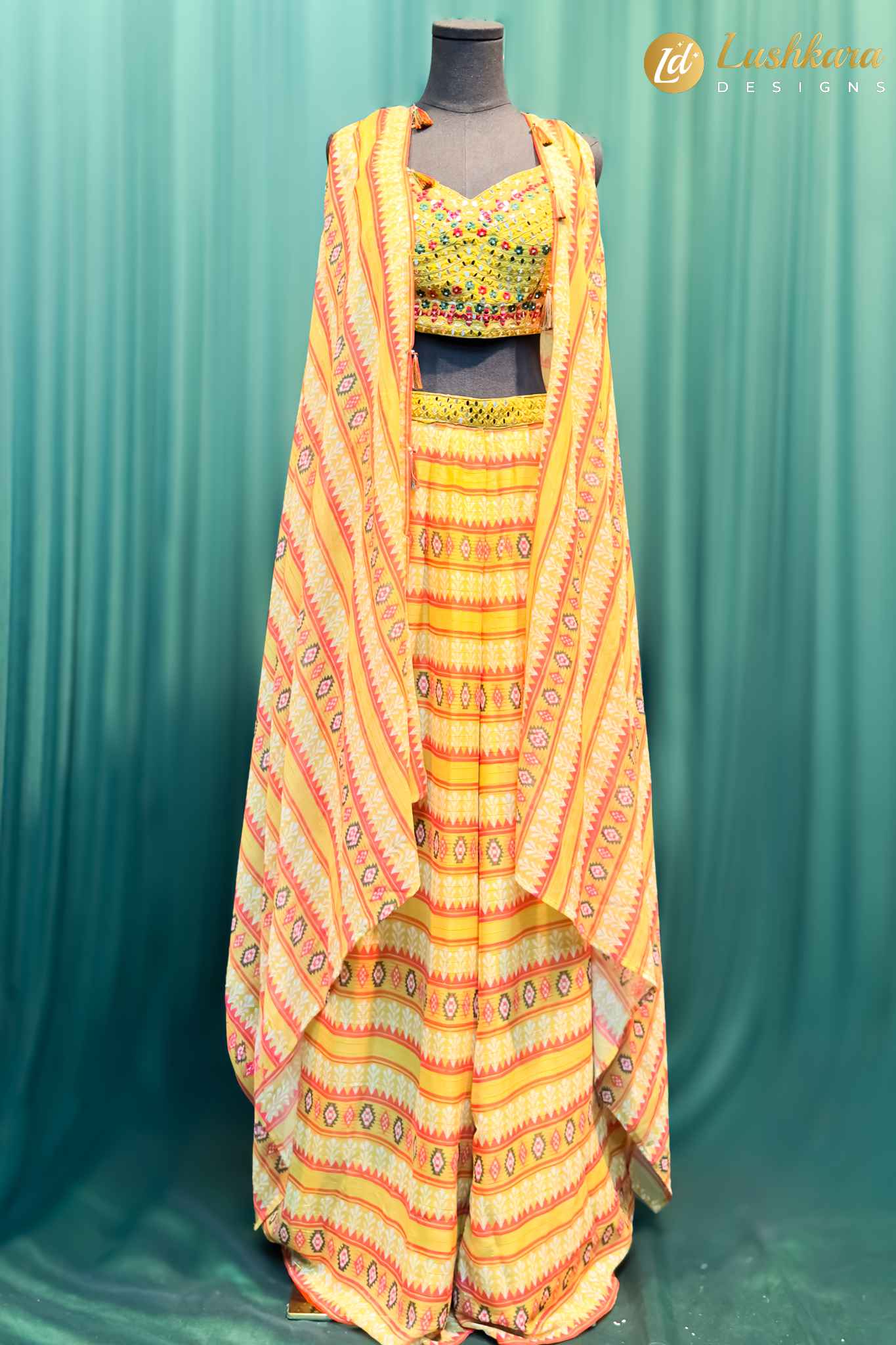 Lushkara Yellow Mirrorwork Cape & Palazzo Set