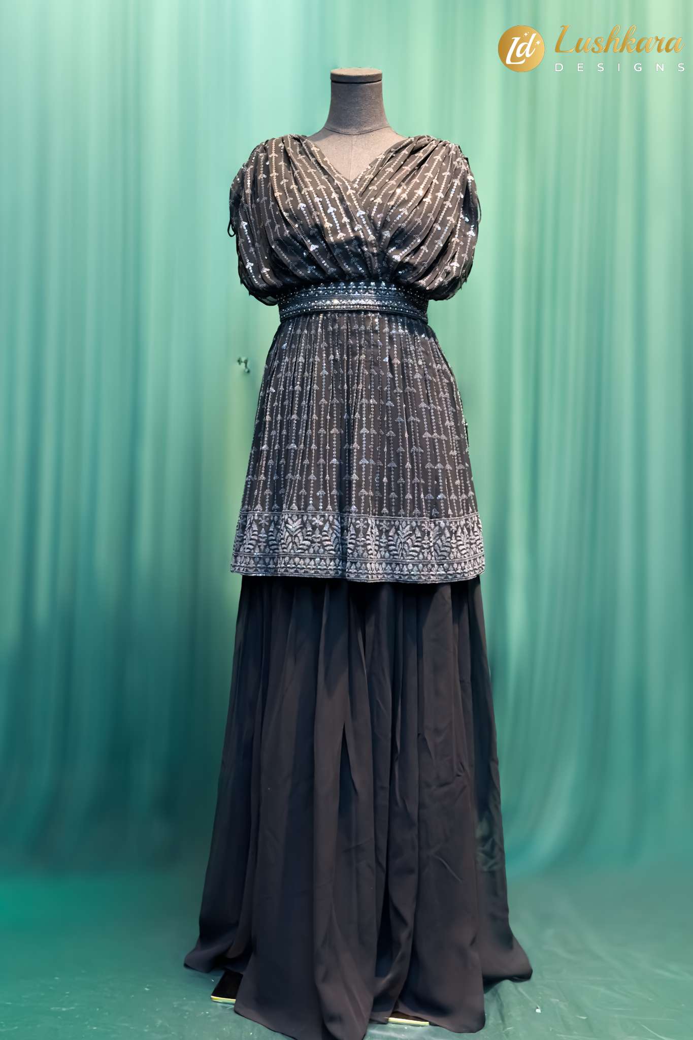 Lushkara Black Sequin Peplum Sharara Set