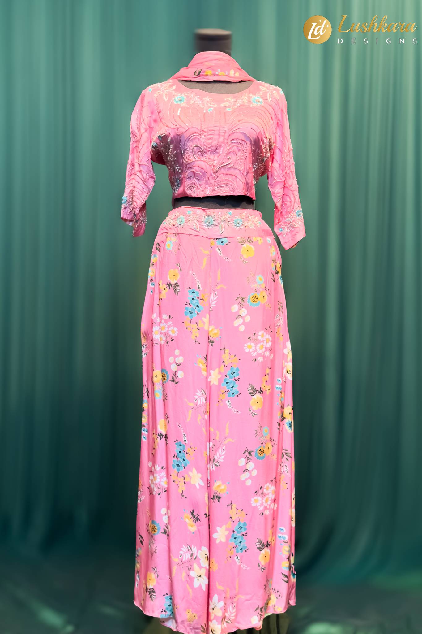 Lushkara Pink Floral Crop Top With Palazzo Set