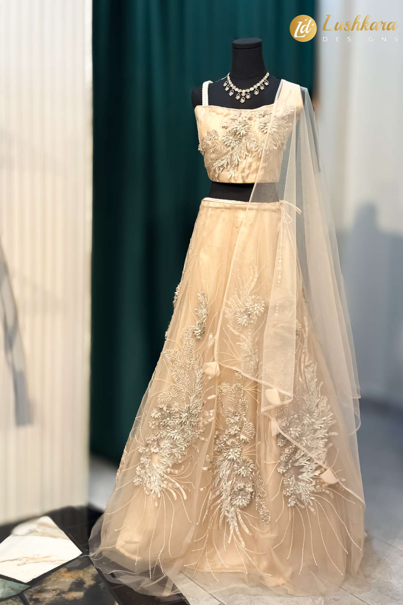 Lushkara Champagne Embroidered Lehenga Set
