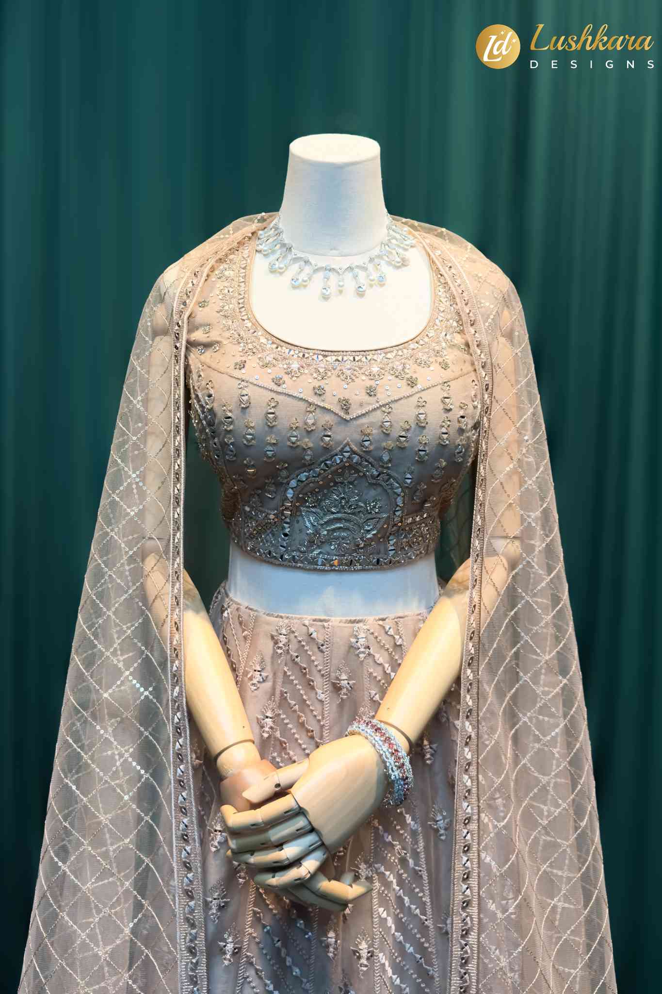 Lushkara Champagne Rose Embroidered Lehenga