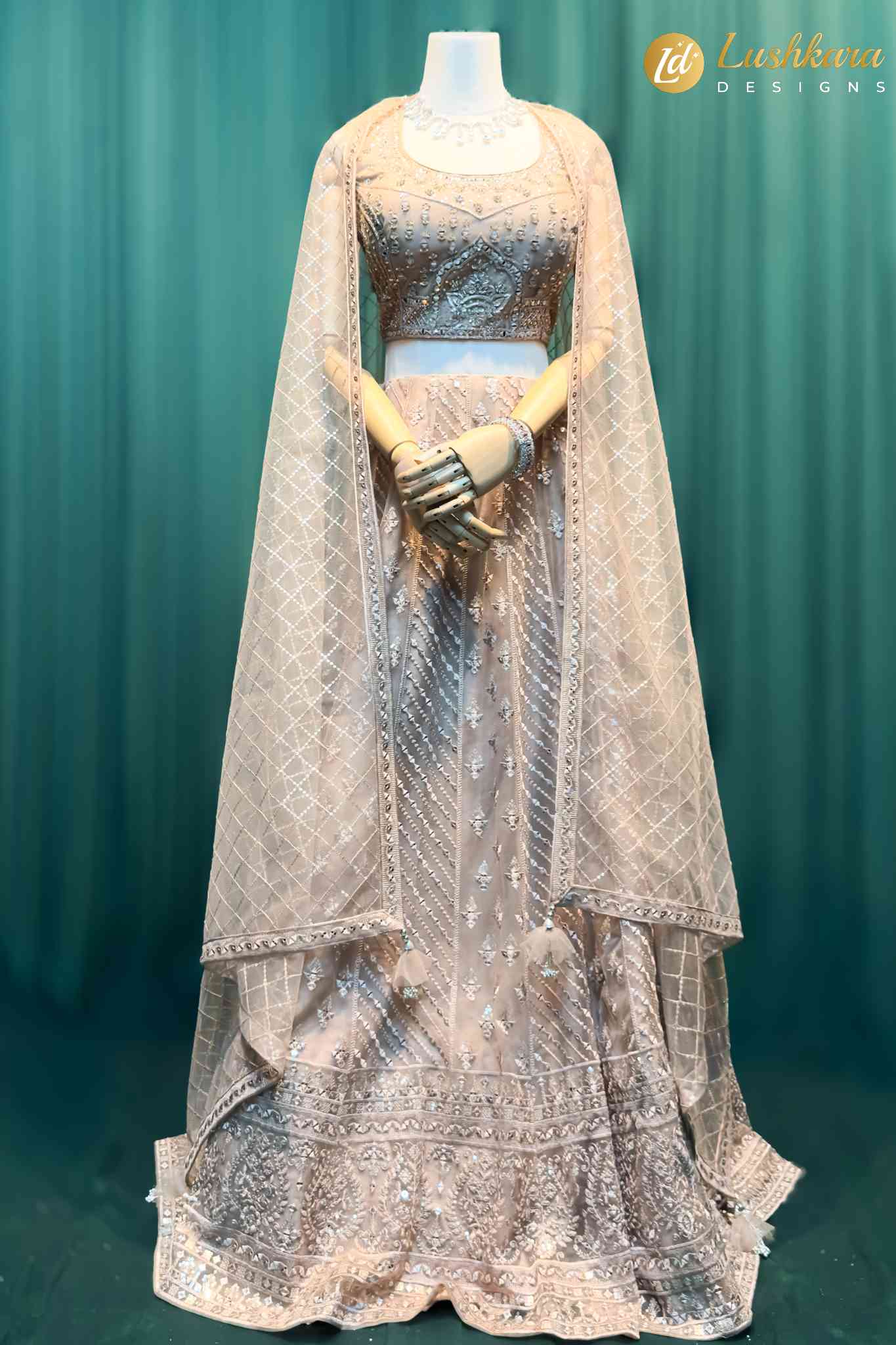 Lushkara Champagne Rose Embroidered Lehenga