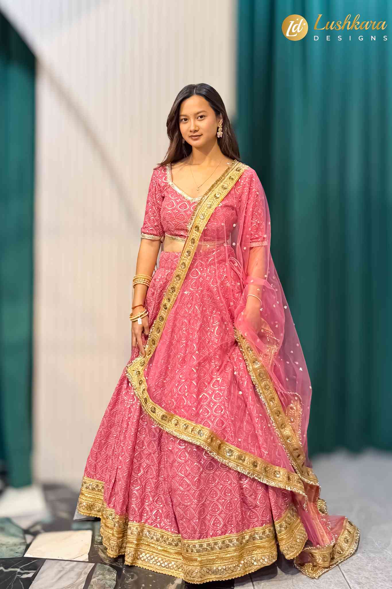 Lushkara Pink Embroidered Lehenga with Gold Work