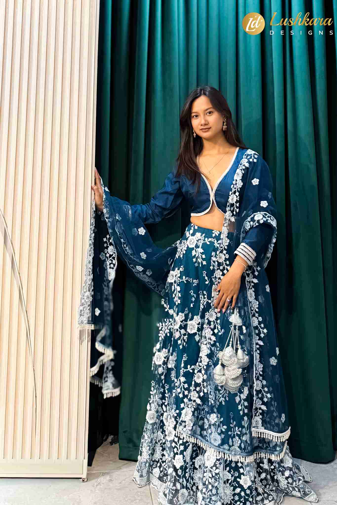 Lushkara Teal Blue Embroidered Lehenga with Dupatta