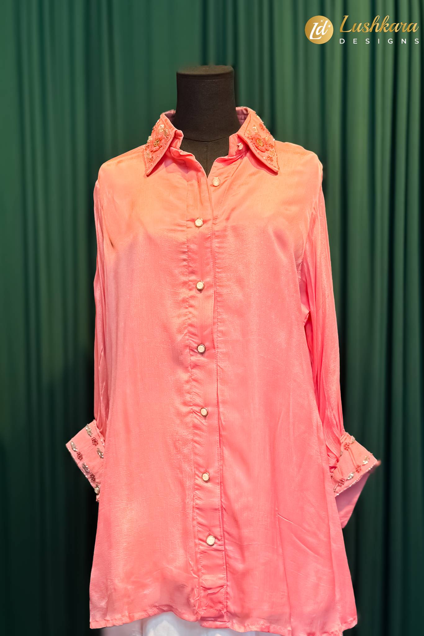 Lushkara Peach Embellished Long Shirt Kurti