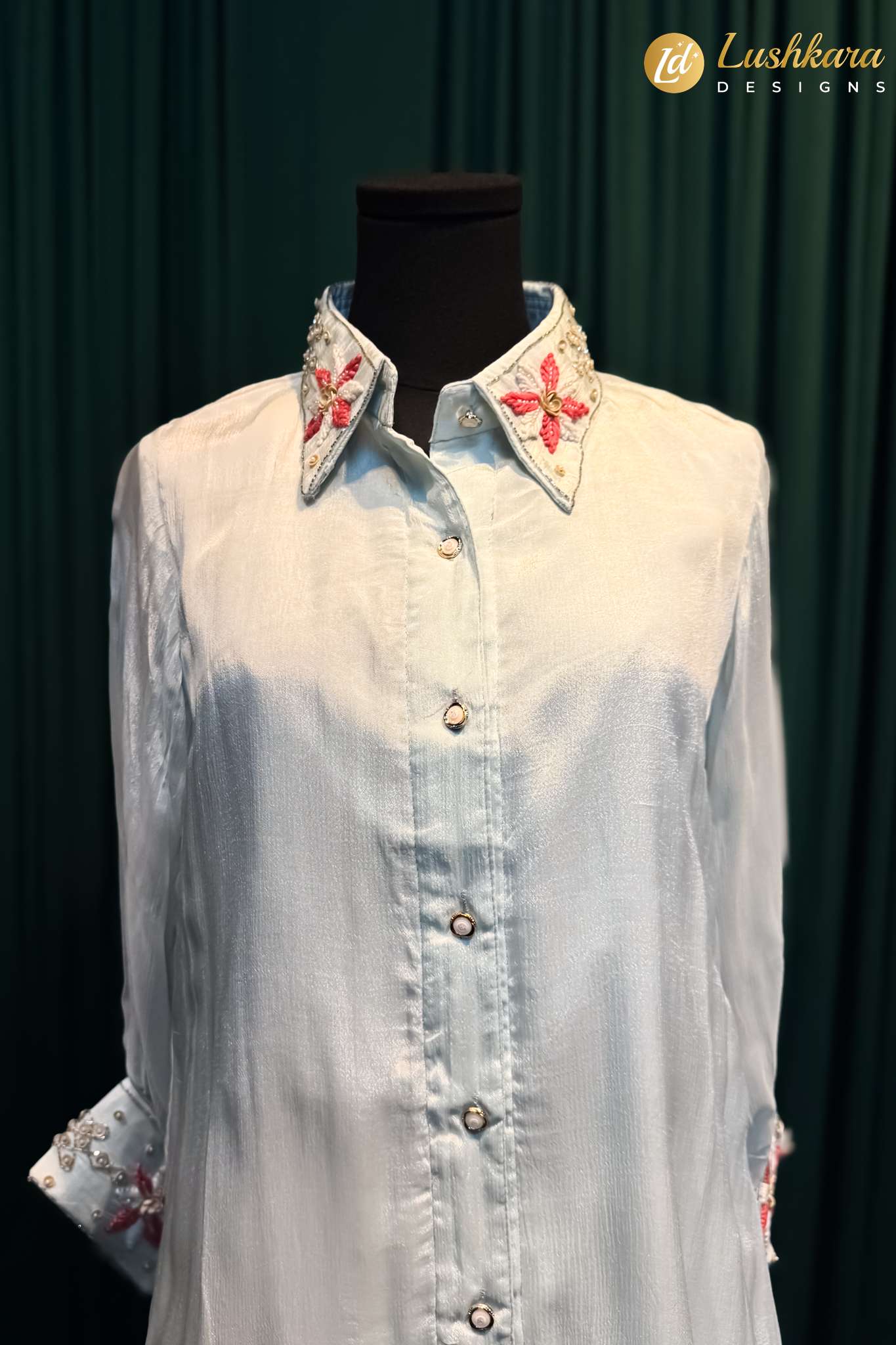 Lushkara Light Blue Embroidered Collar Long Shirt