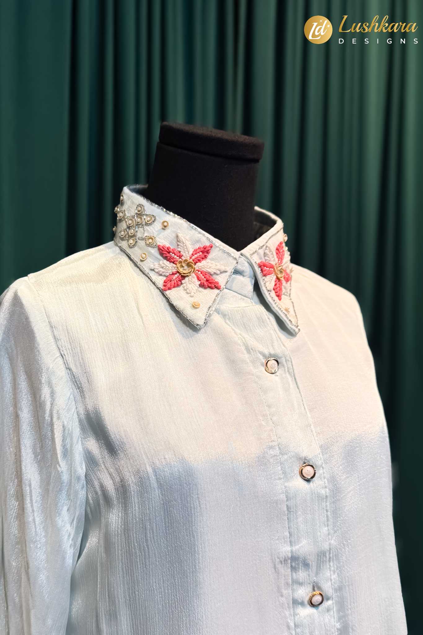 Light Blue Embroidered Collar Long Shirt
