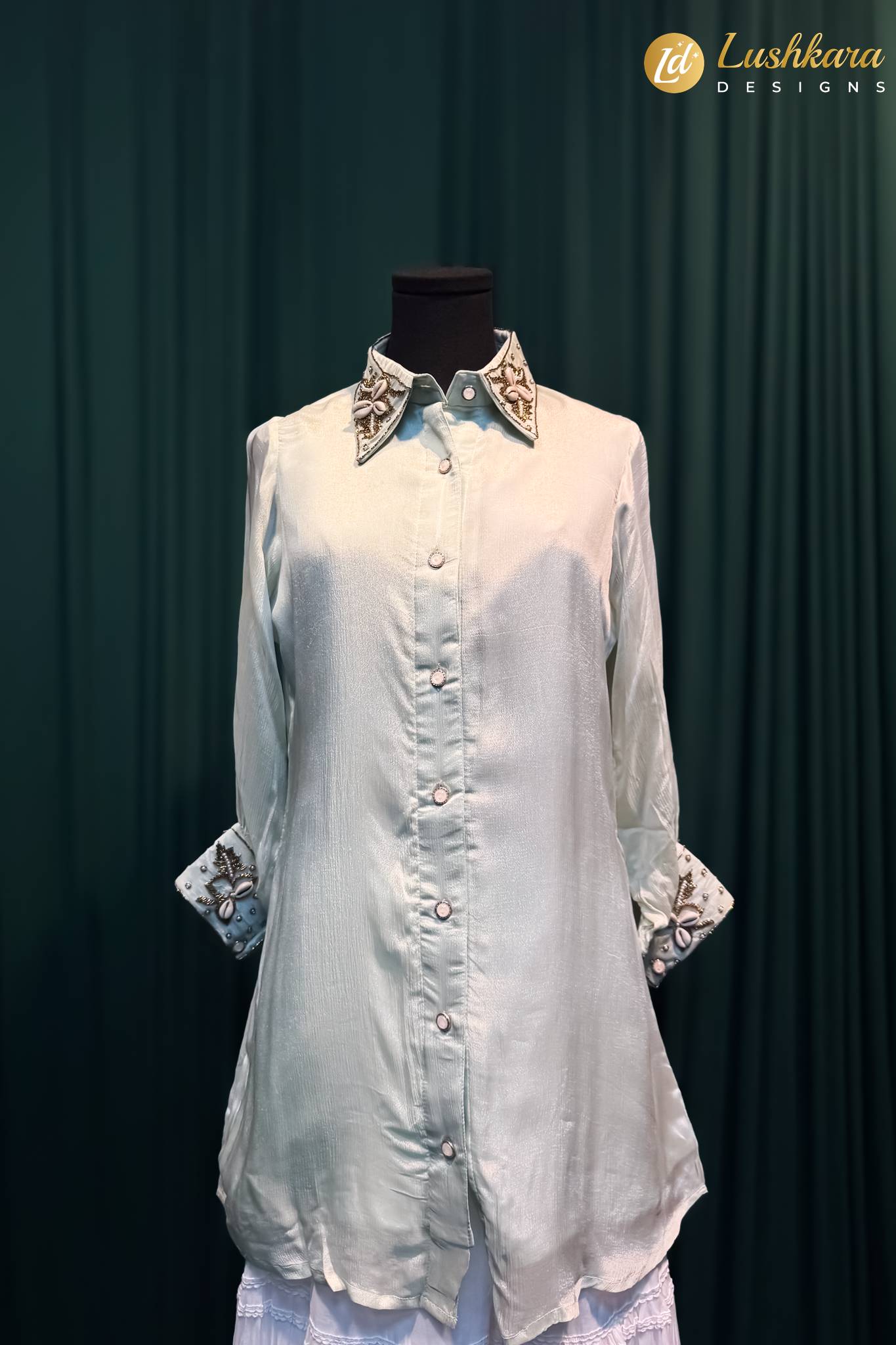 Lushkara Mint Embroidered Collar Long Shirt
