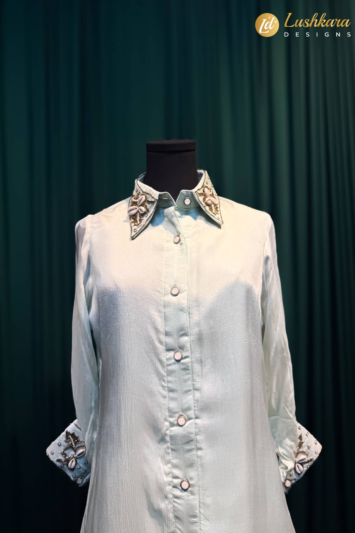 Lushkara Mint Embroidered Collar Long Shirt